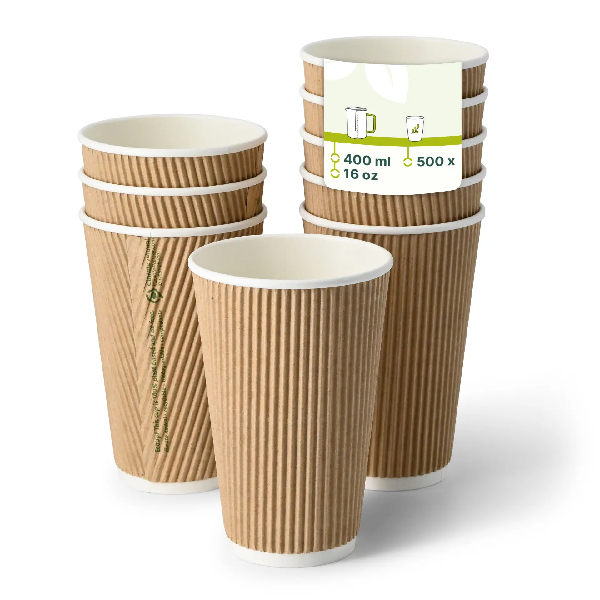 Gobelet en carton ondulé 40 cl / 16 oz, Ø 90 mm, brun dhd04962-riffelbecher-coffee-to-go-becher-400-ml-16-oz-90-mm-braun-innen-weiss