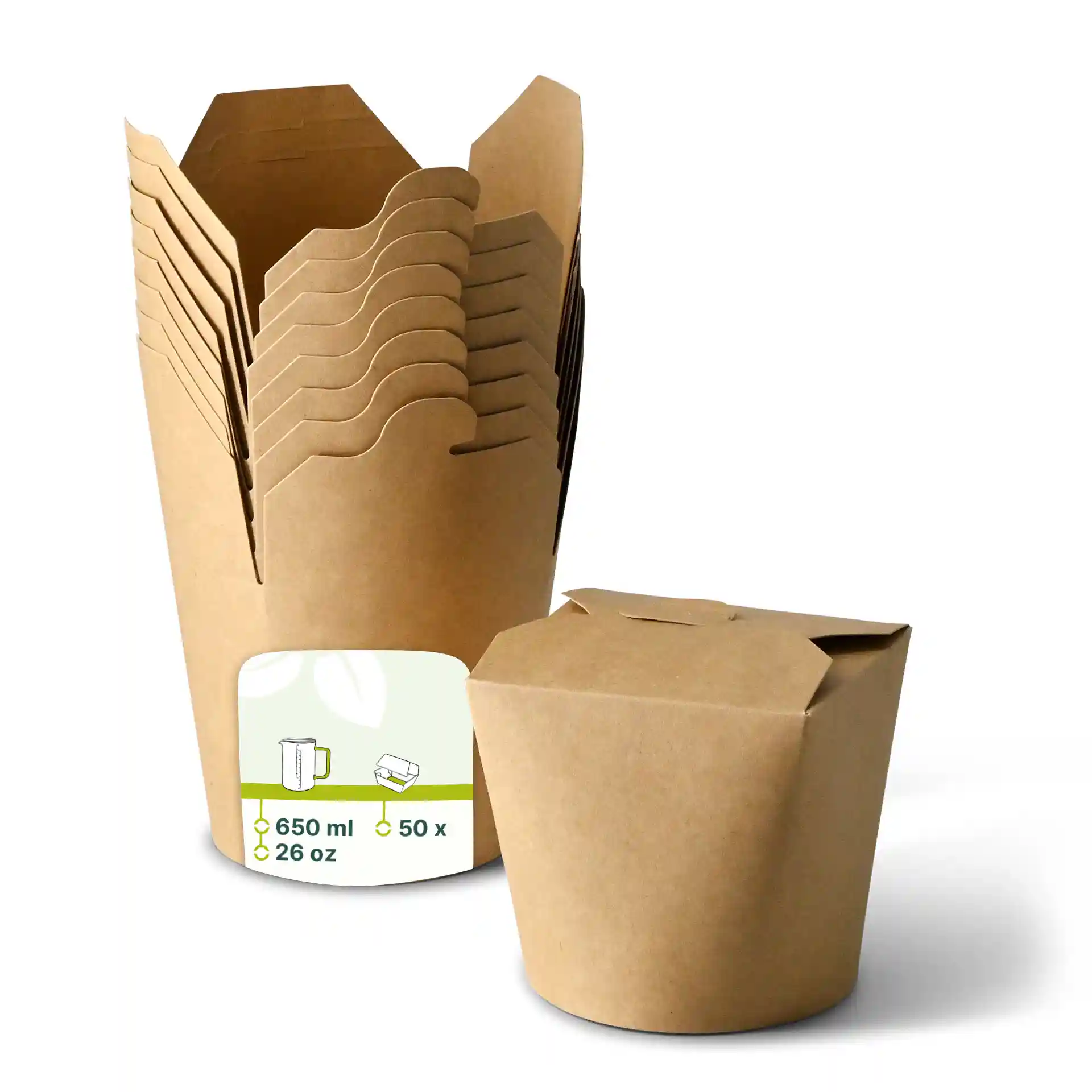 Boîtes à nouilles en carton brun empilées, avec une boîte devant, chacune ayant une capacité de 650 ml.