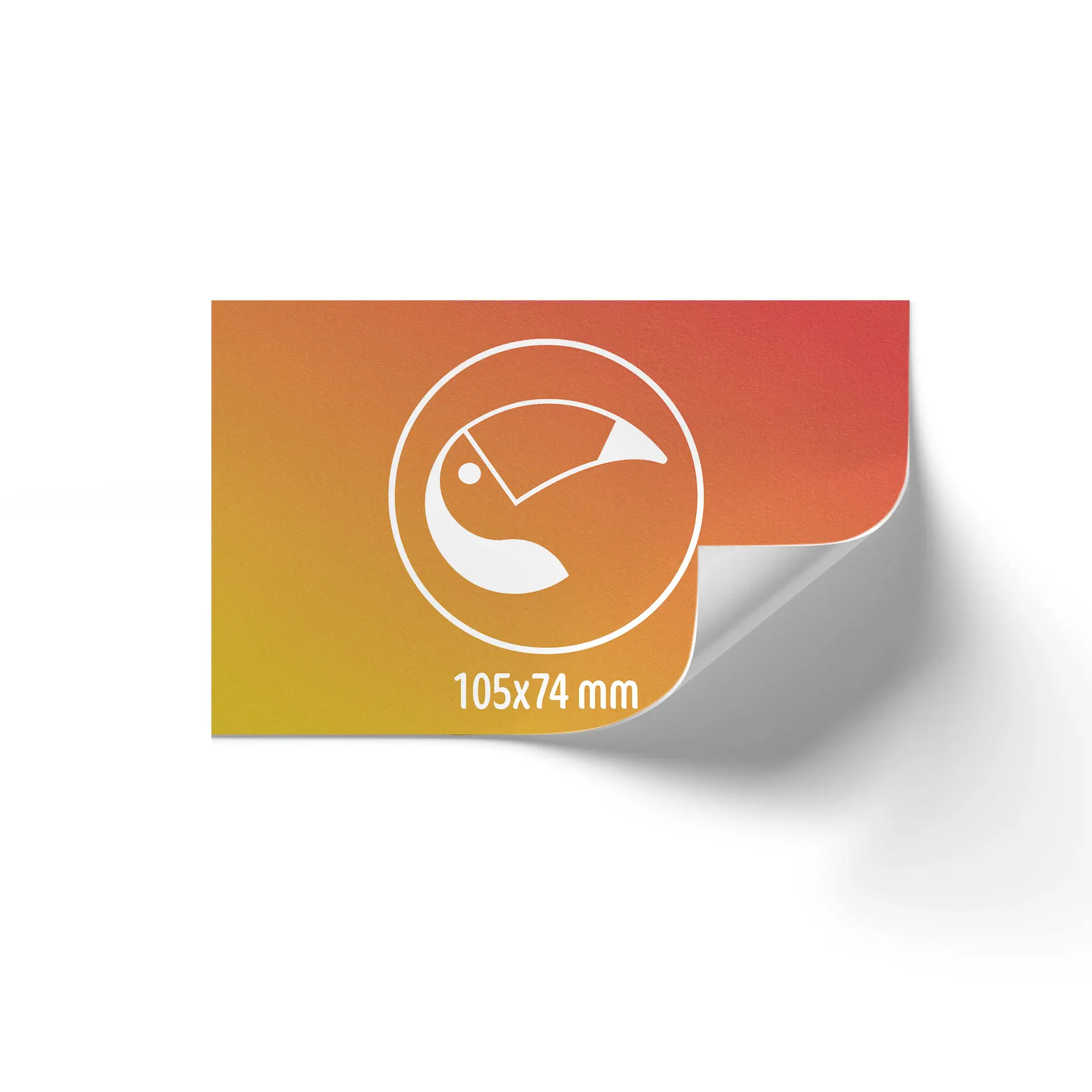 Rouleau d'étiquettes imprimées rectangulaire, 105x74 mm, avec un dégradé orange et un symbole d'oiseau.