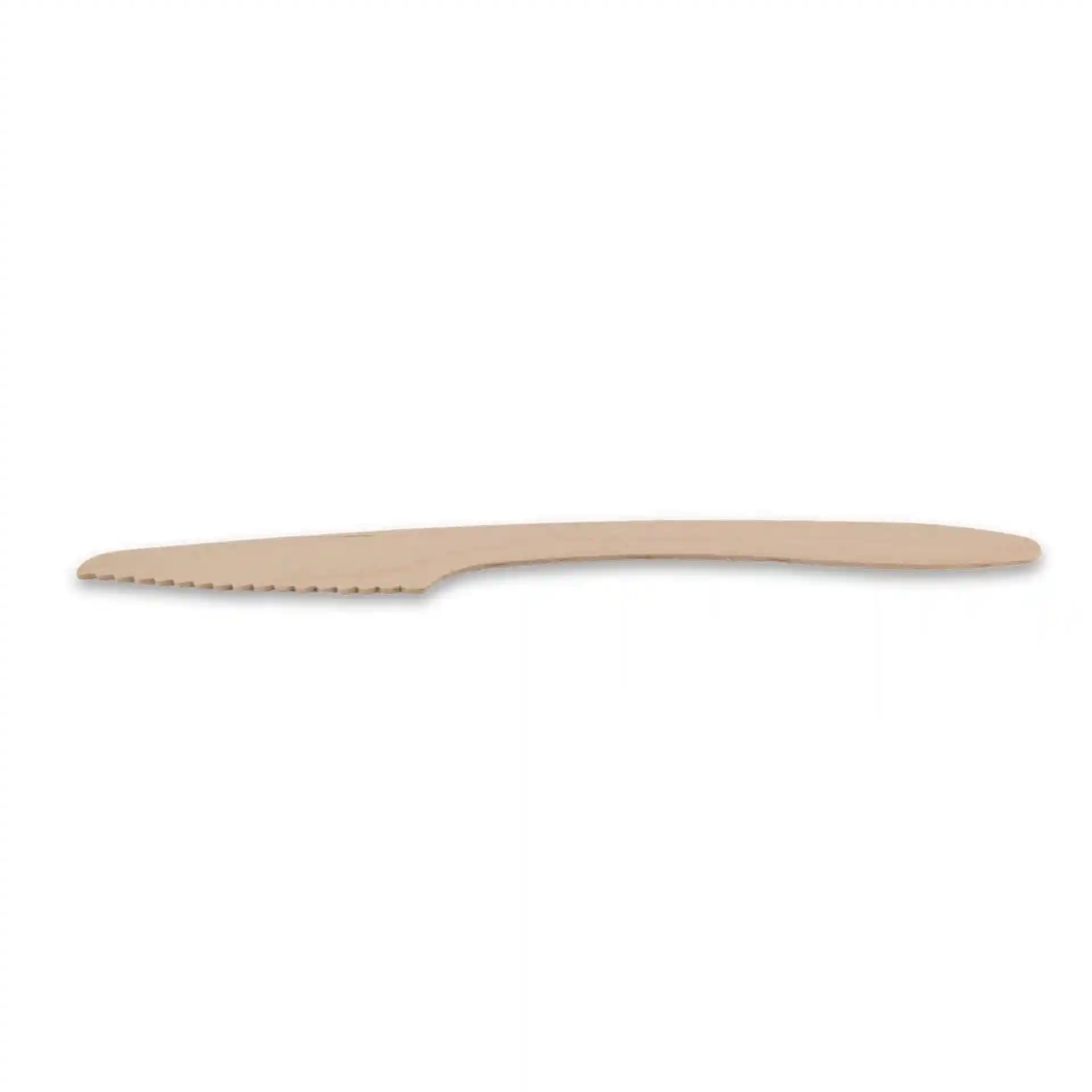 Couteau en bois, long de 18 cm, avec une lame dentée, présenté sur un fond uni.