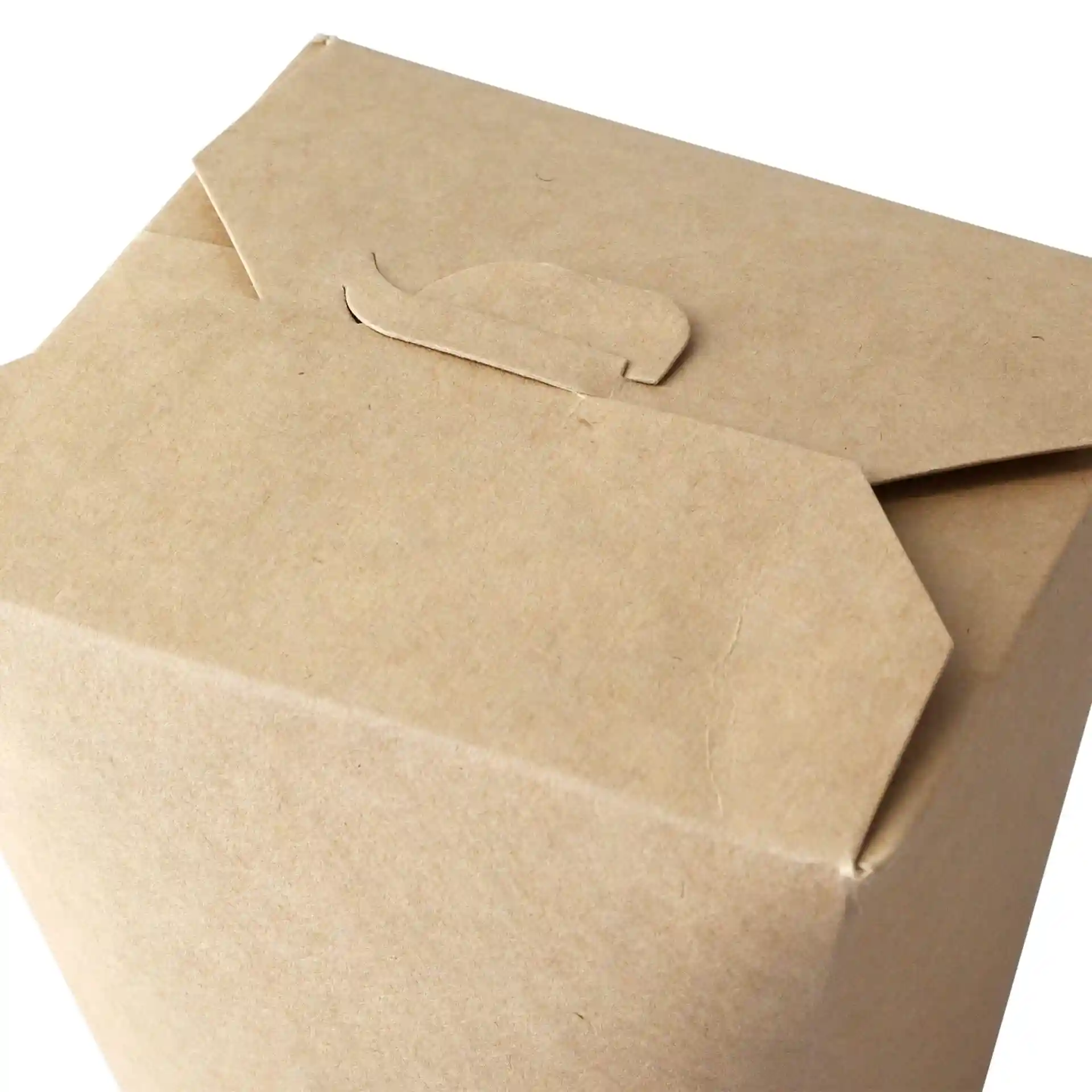 Boîte à nouilles en carton brun avec fermeture à rabat, montrant la vue de dessus et les bords de la boîte.