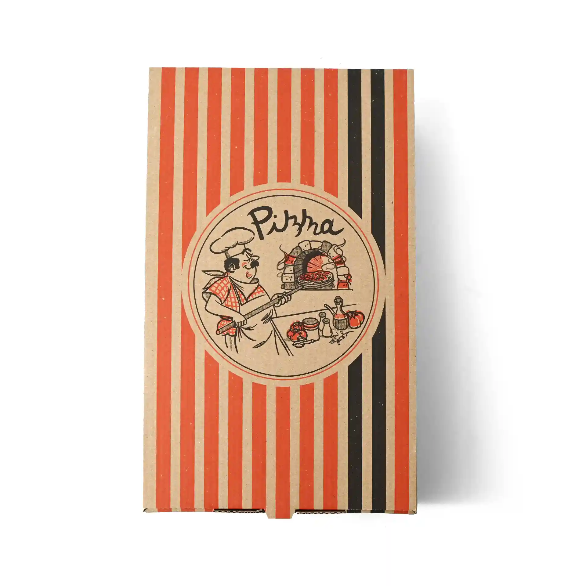 Boîte à pizza marron avec un design de chef pizzaiolo, rayures rouges et noires, mesurant 27 x 16 x 7 cm.