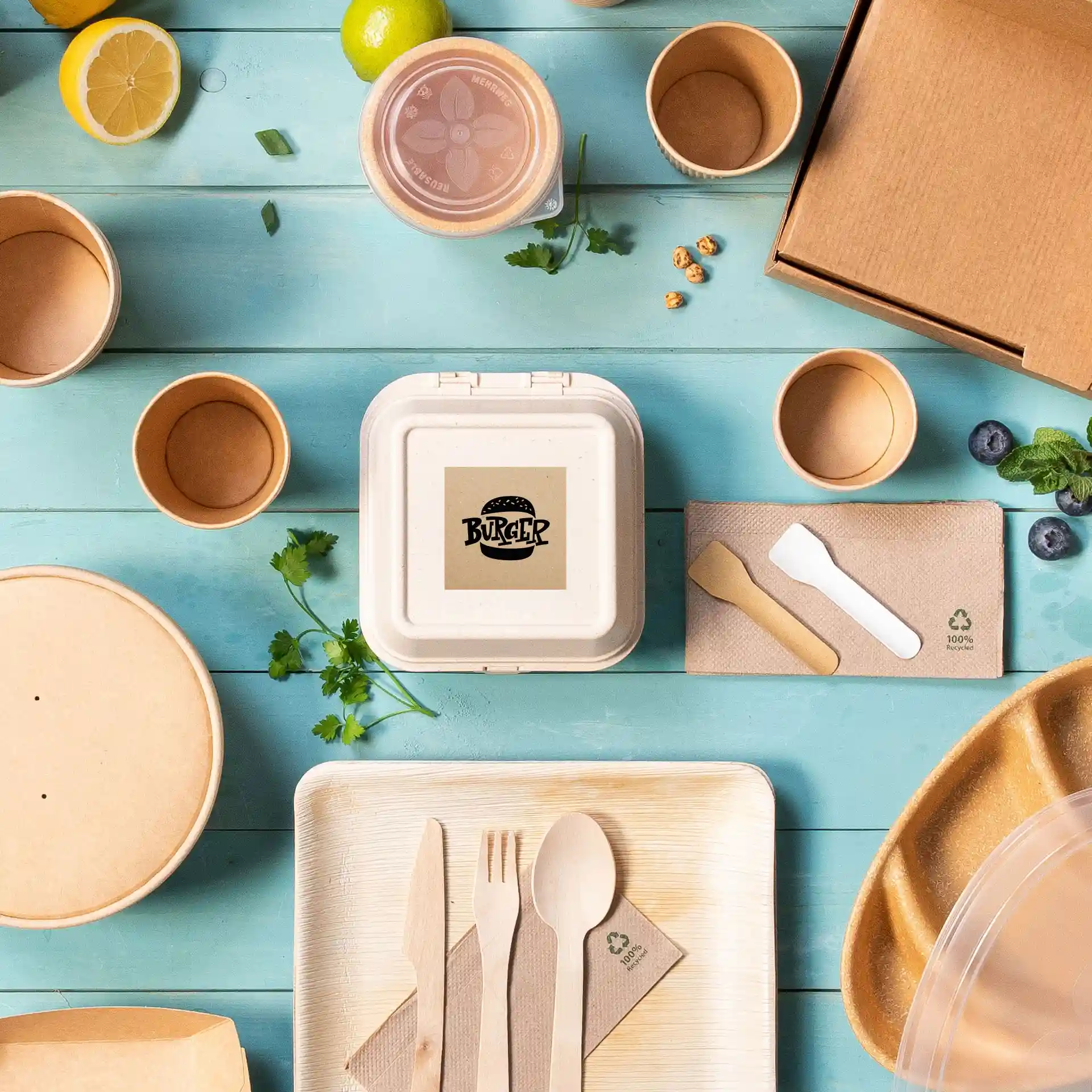 Image de divers contenants alimentaires jetables, ustensiles et une boîte carrée en papier kraft avec une étiquette de burger imprimée sur une surface bleue.
