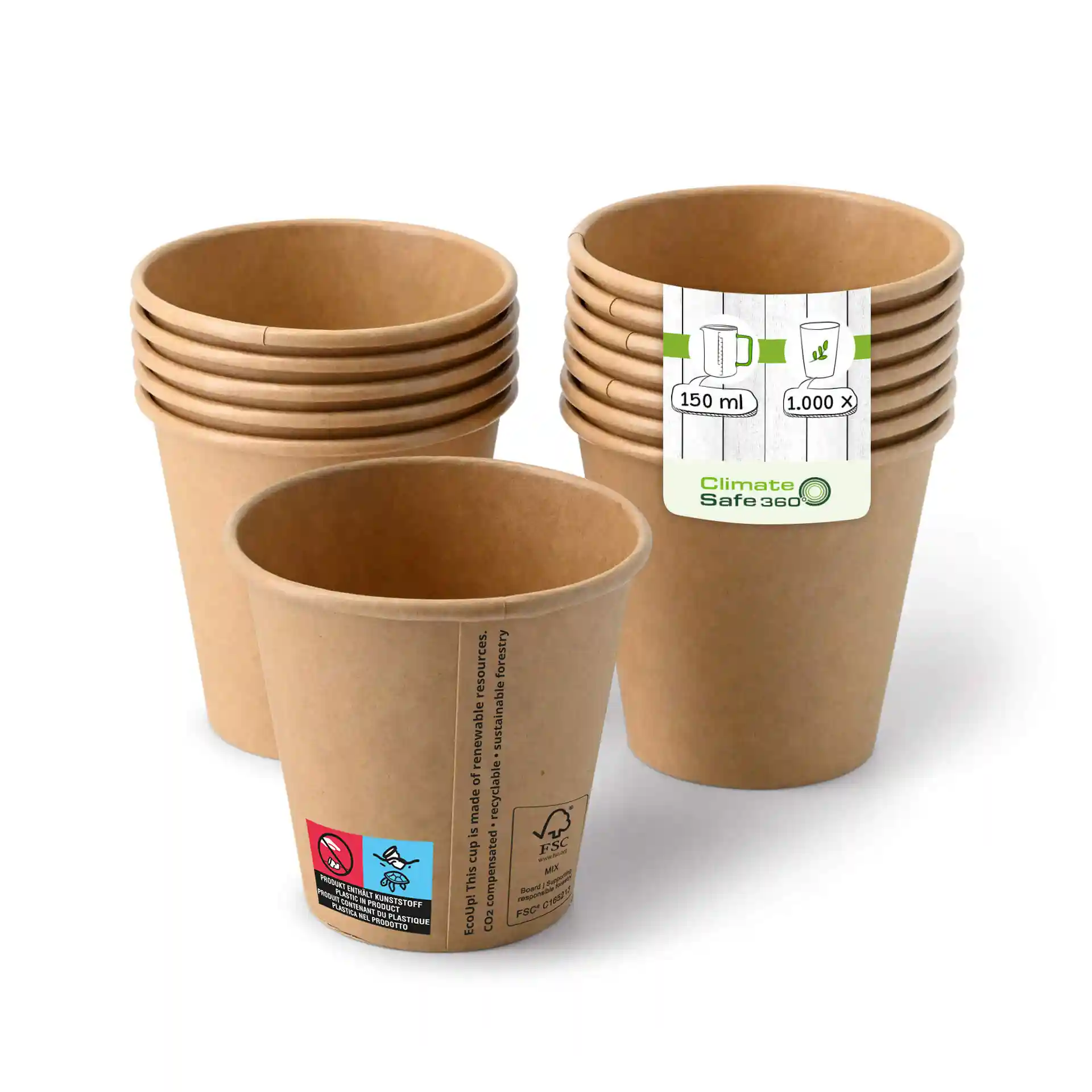 Gobelets en papier marron empilés, un devant montrant une étiquette et un revêtement. Chaque gobelet a une capacité de 150 ml.