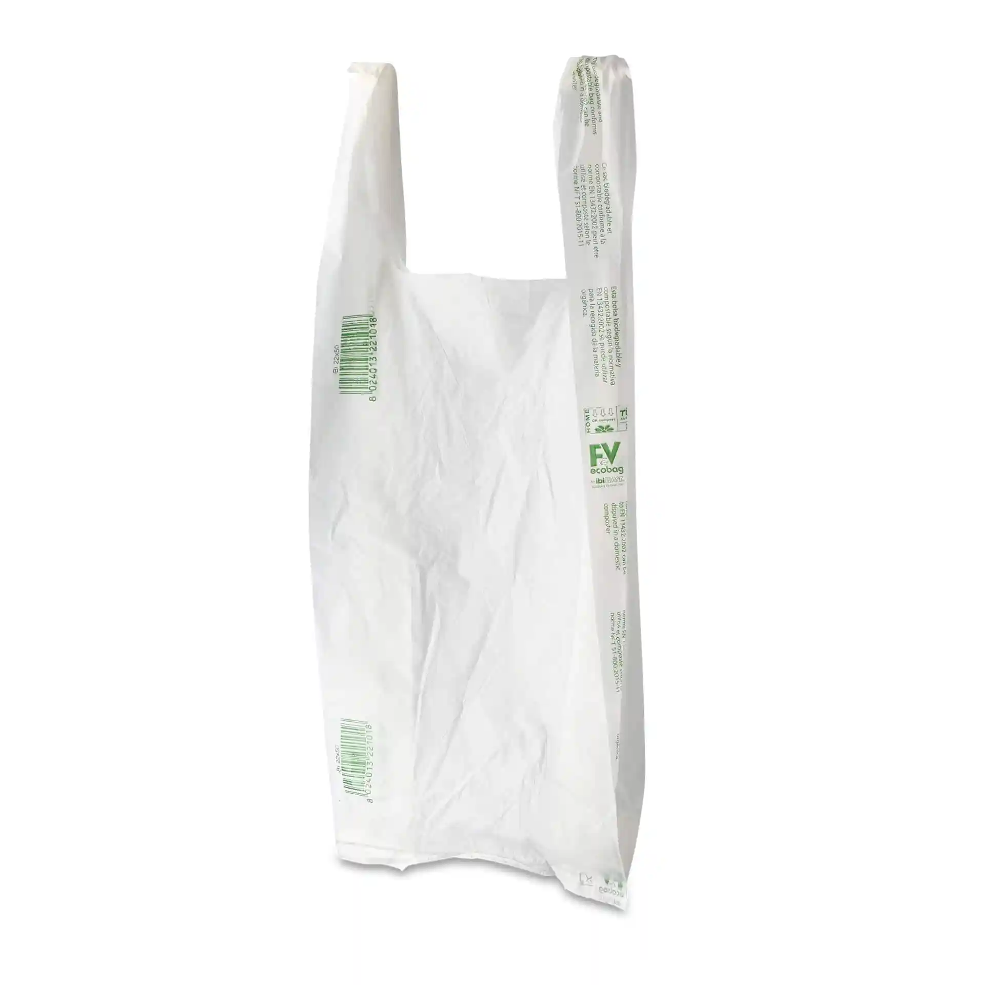 Sac en plastique blanc avec poignées, dimensions 22 x 13 x 50 cm, design imprimé, adapté pour transporter des articles.