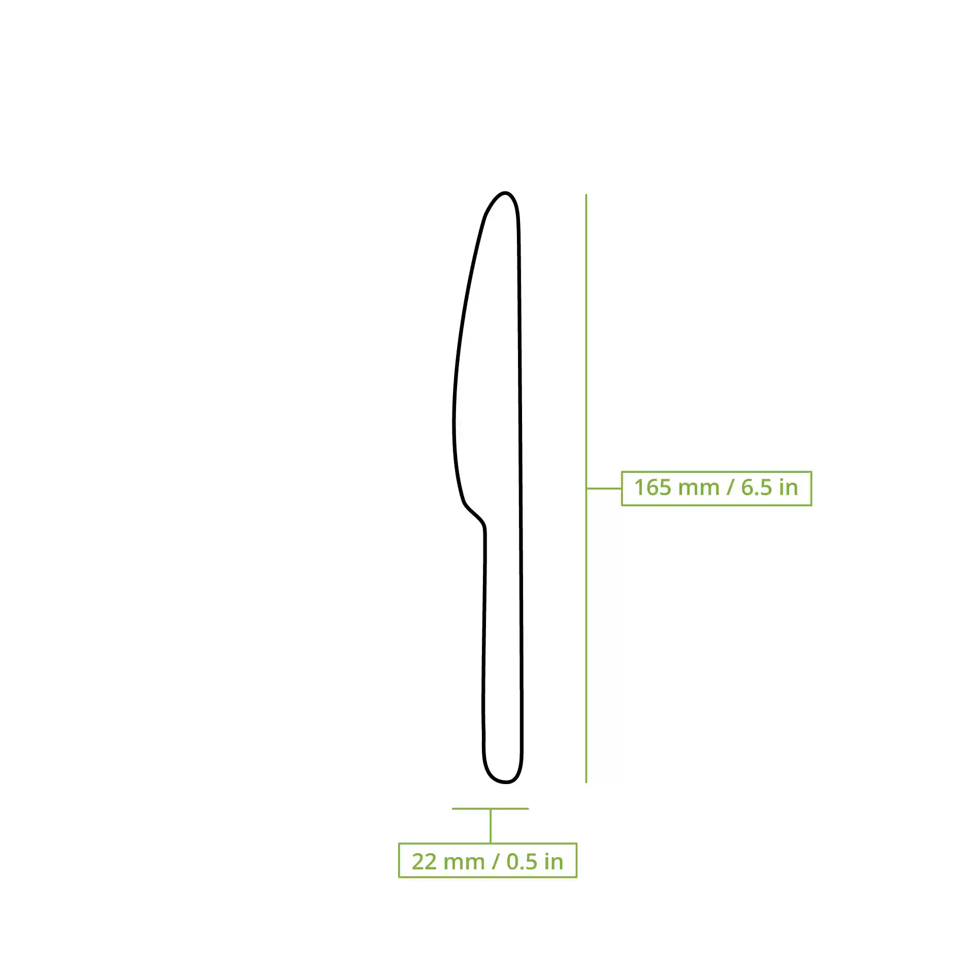 Dessin schématique d'un couteau en bois avec des dimensions de 165 mm de longueur et 22 mm de largeur.