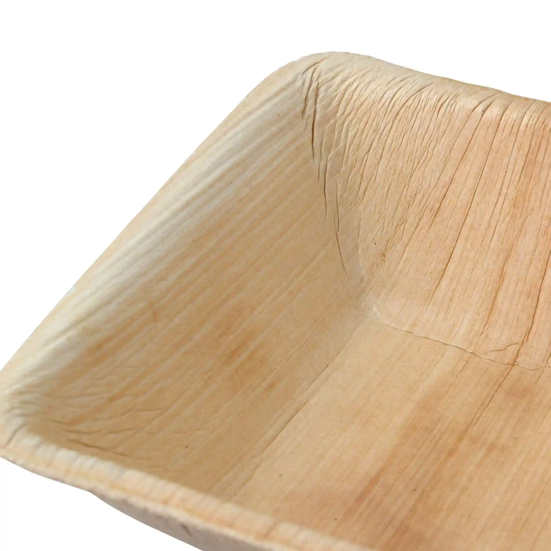 Bol carré en feuille de palmier avec texture, montrant l'intérieur et les bords, mesurant 132 mm par 132 mm.