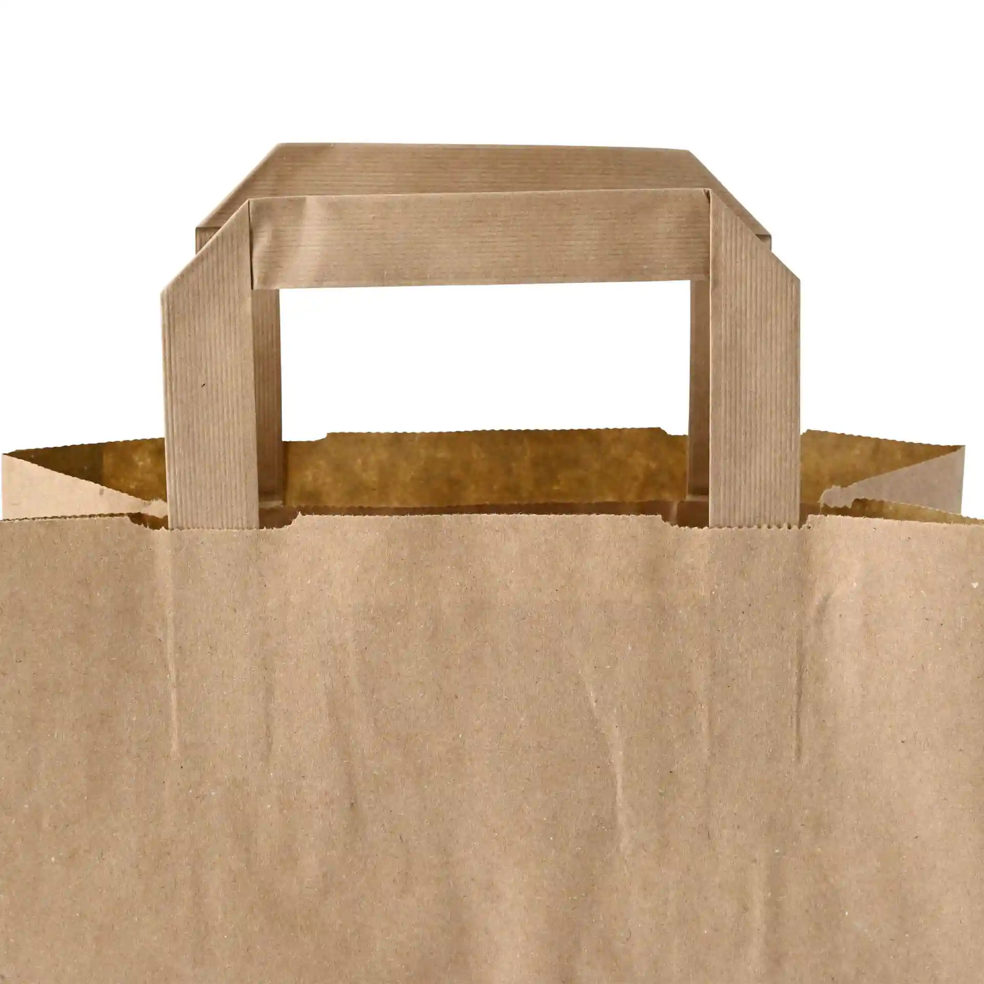 Sac en papier brun avec une poignée plate, montrant le haut et une partie du corps.