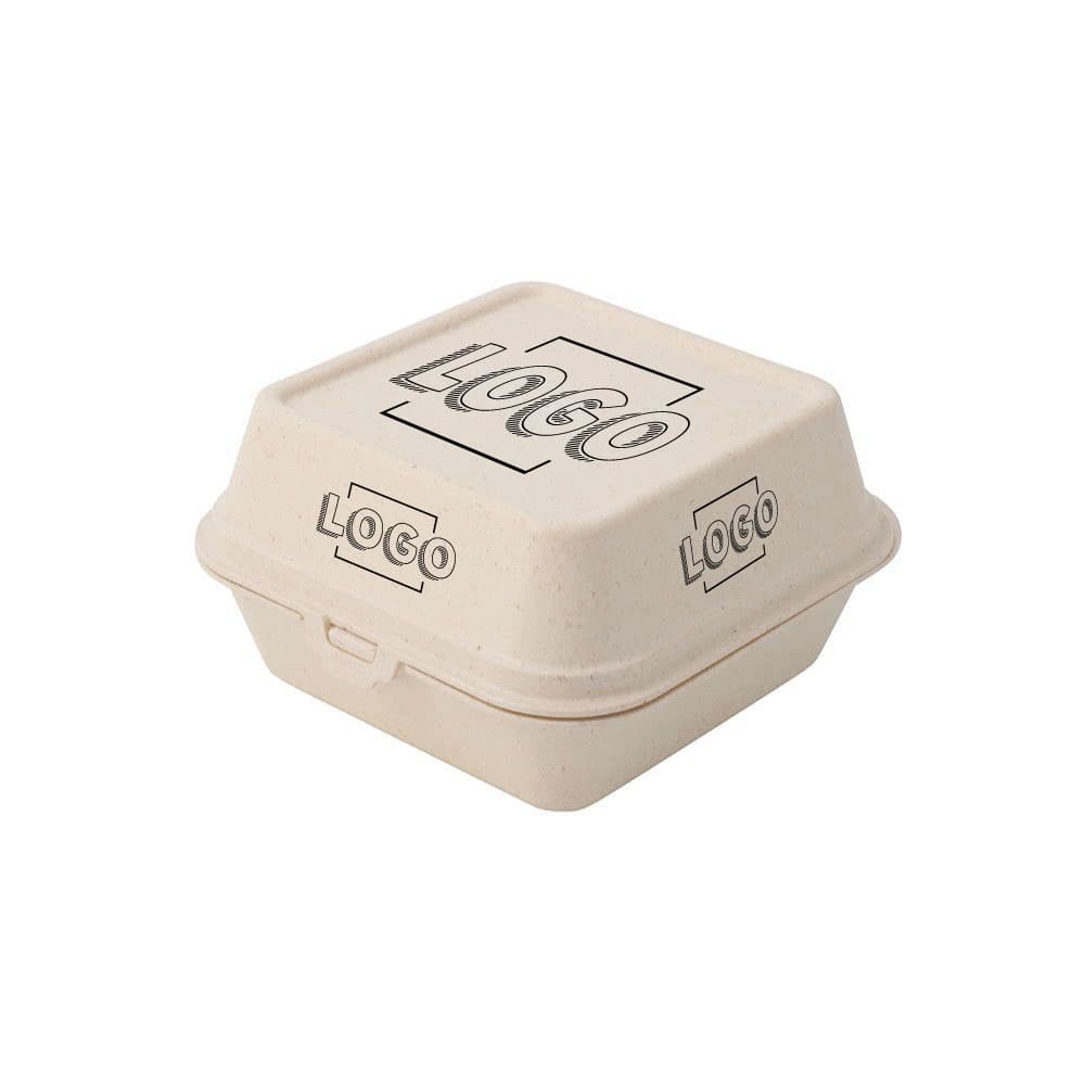 Mehrweg-Burger-Boxen "Häppy Box" 16 x 15 x 8,5 cm, Cashew / creme-weiß, Individualdruck (4 Flächen)