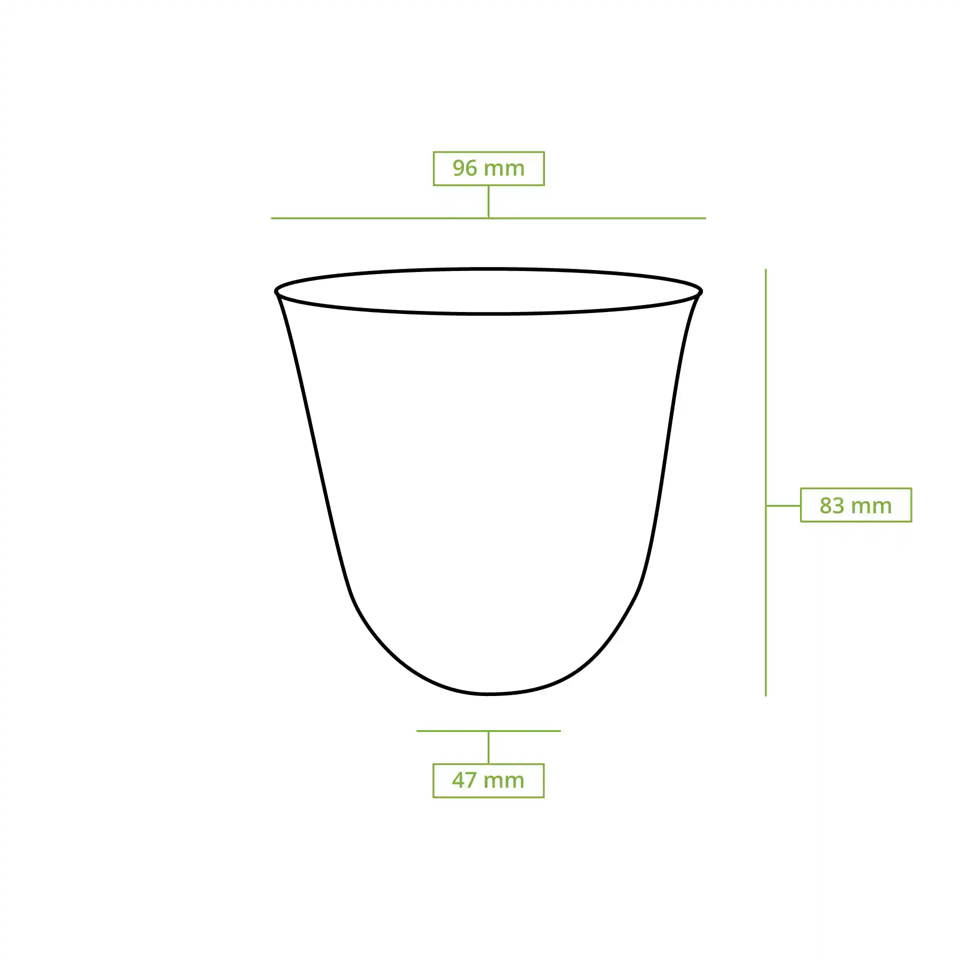 Dessin schématique d'un gobelet transparent avec dimensions : hauteur 83 mm, diamètre supérieur 96 mm, diamètre inférieur 47 mm.