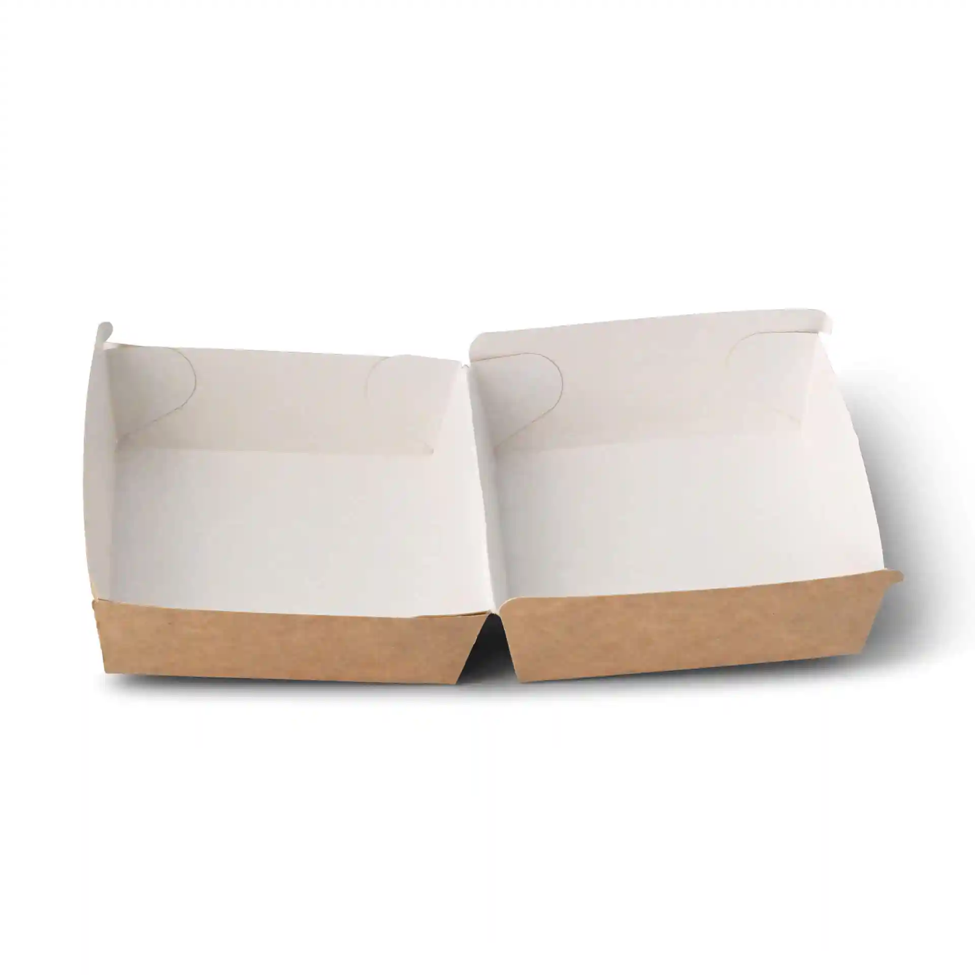 Boîte à burger à emporter rectangulaire avec base marron et intérieur blanc, mesurant 11 x 11 x 8 cm.