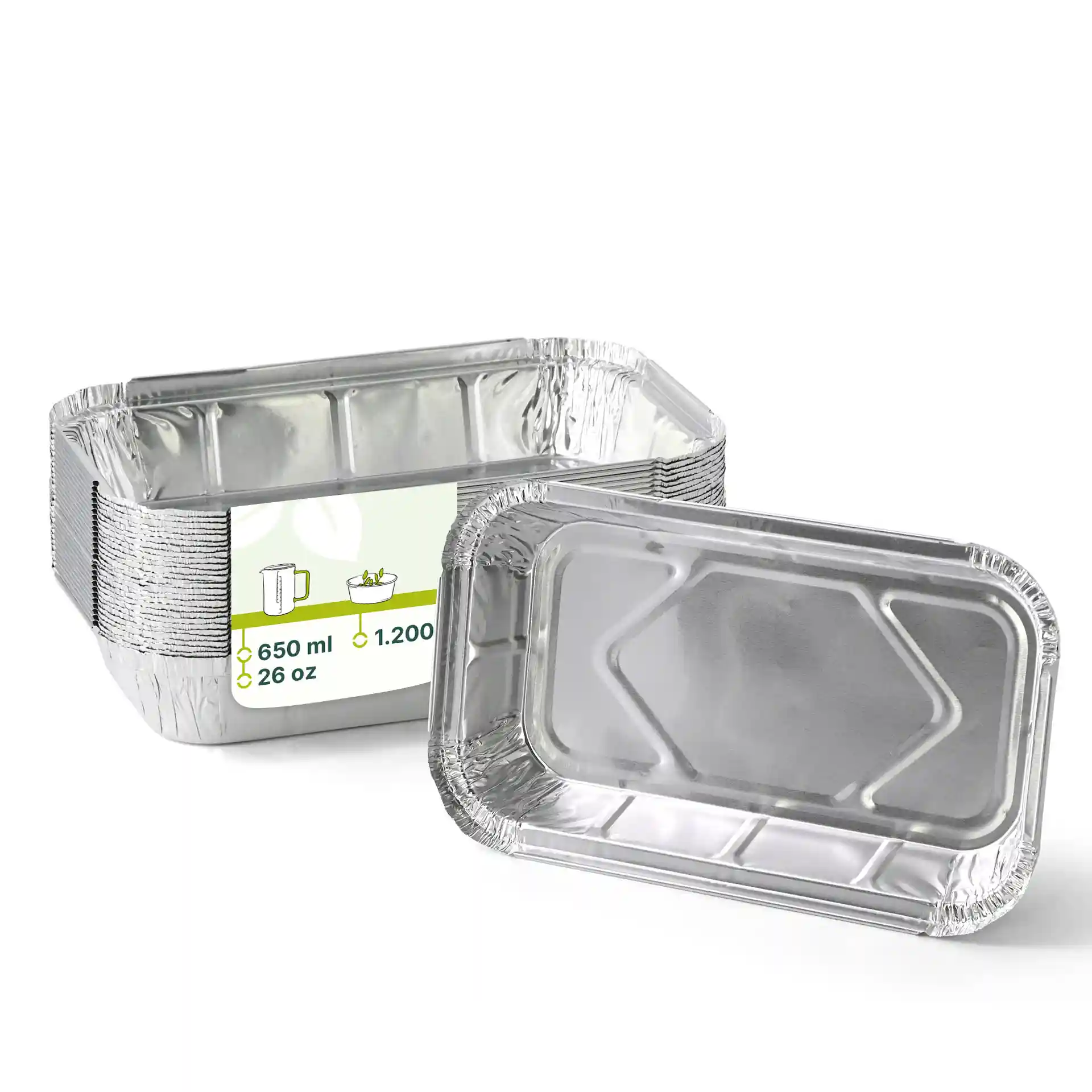 Conteneur en aluminium rectangulaire mesurant 22,4 x 13,2 x 3,4 cm, avec un volume de remplissage de 650 ml.