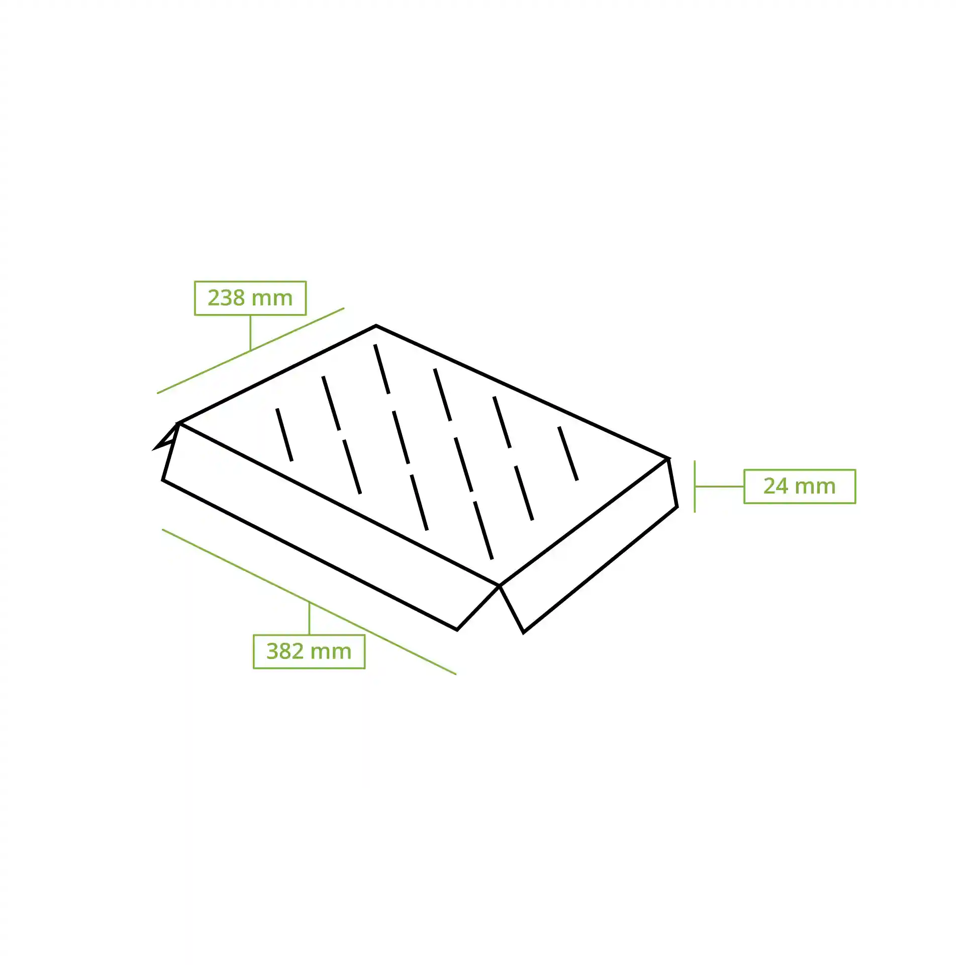 Dessin schématique d'un insert de boîte à cupcakes avec des dimensions de 382 mm de longueur, 238 mm de largeur et 24 mm de hauteur.