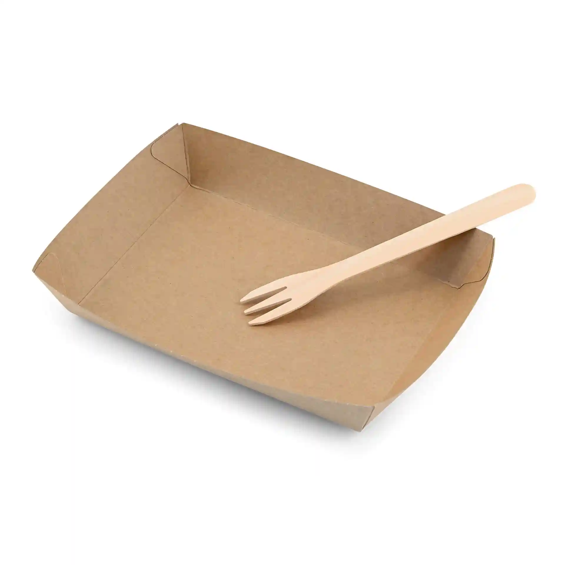 Plateau en carton brun avec une fourchette en bois à trois dents à l'intérieur.
