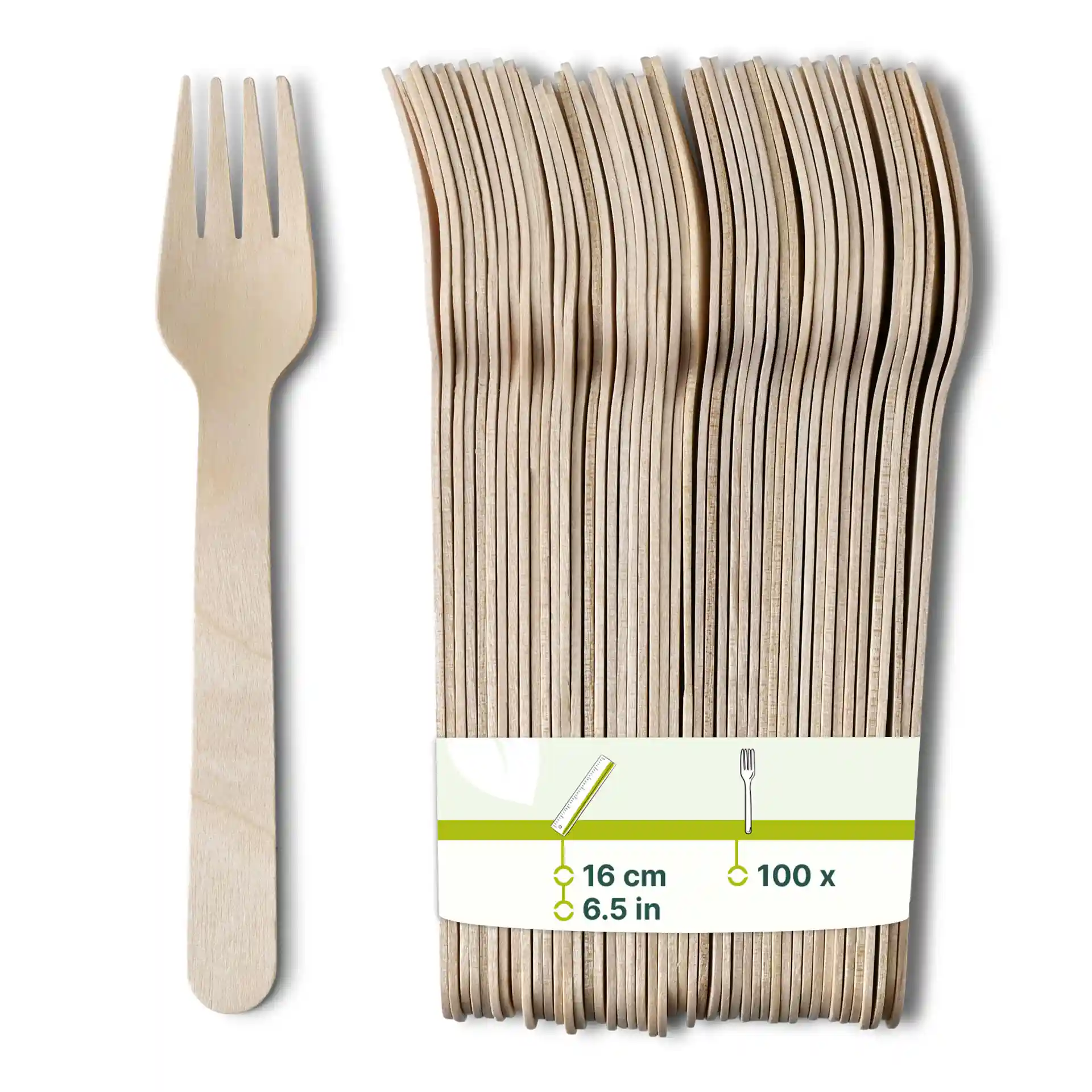 Fourchettes en bois, longues de 16 cm, disposées en pile avec une fourchette à côté.