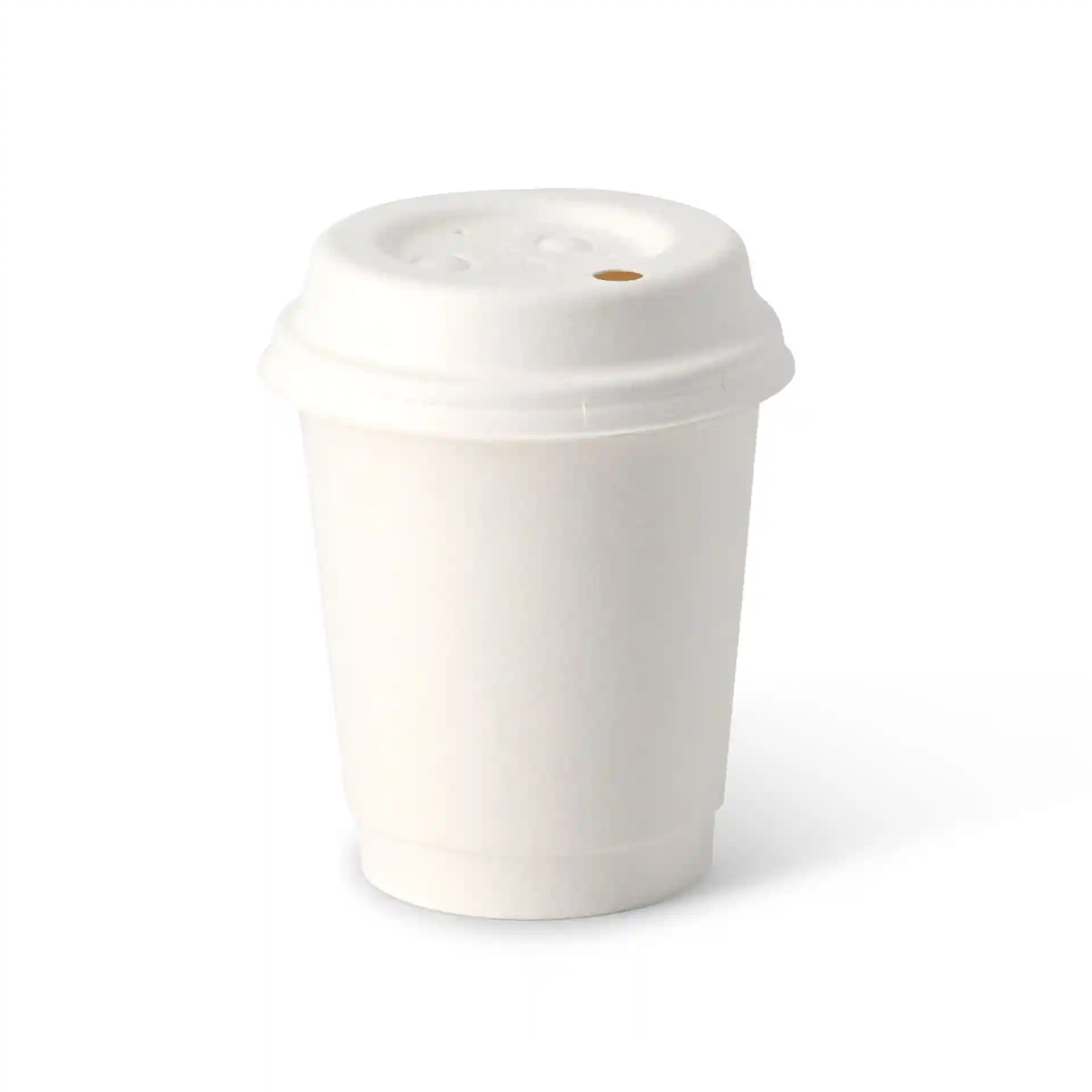 Gobelet en carton blanc à double paroi avec couvercle, capacité de 8 oz, forme ronde et petit trou en haut.