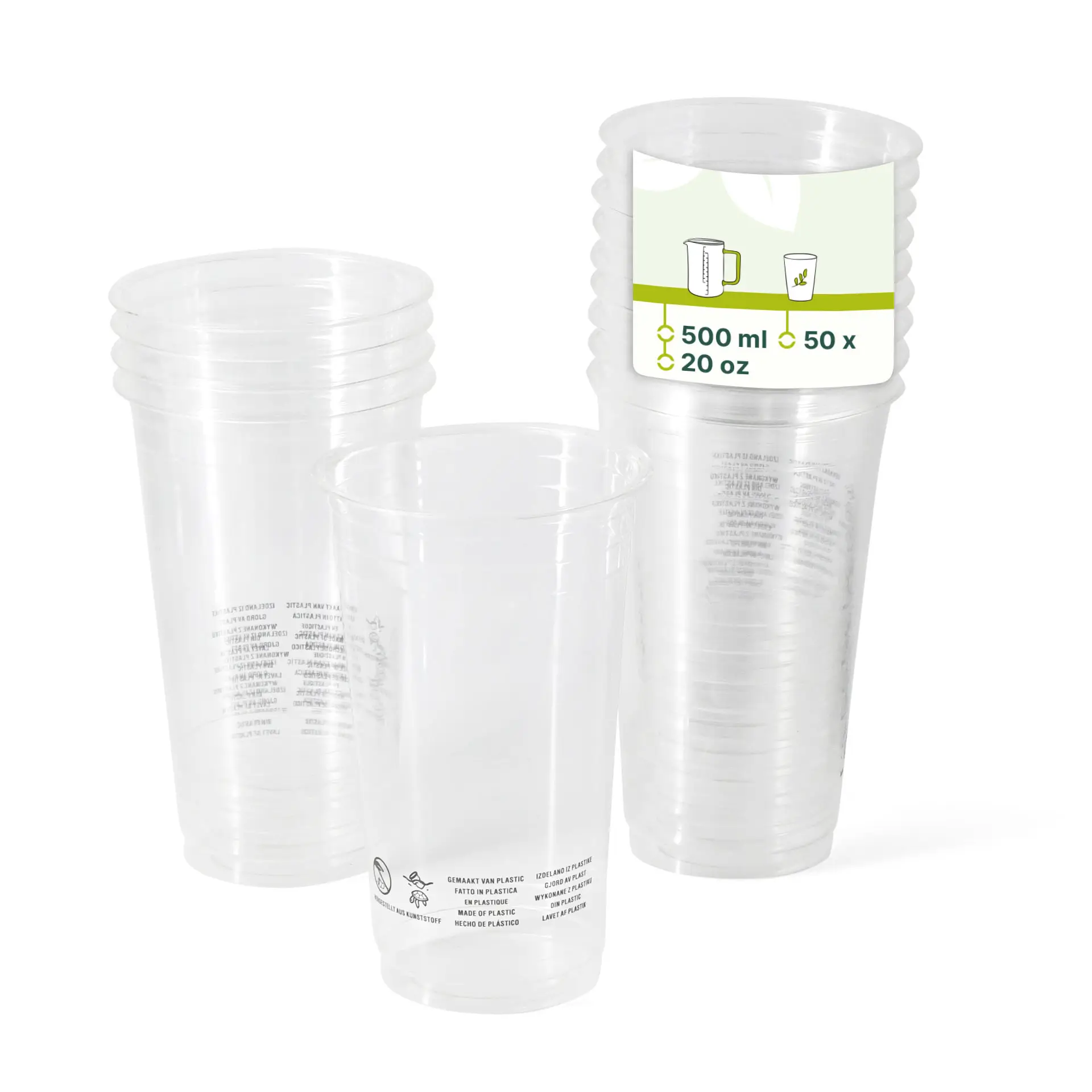 Gobelets en plastique PLA transparents empilés, chacun d'une capacité de 500 ml et d'un diamètre de 95 mm, avec des marquages imprimés.