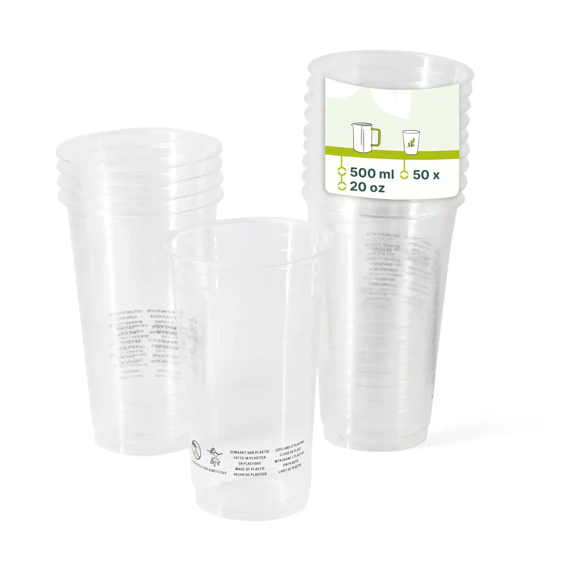 Gobelets en plastique PLA transparents empilés, chacun d'une capacité de 500 ml et d'un diamètre de 95 mm, avec des marquages imprimés.