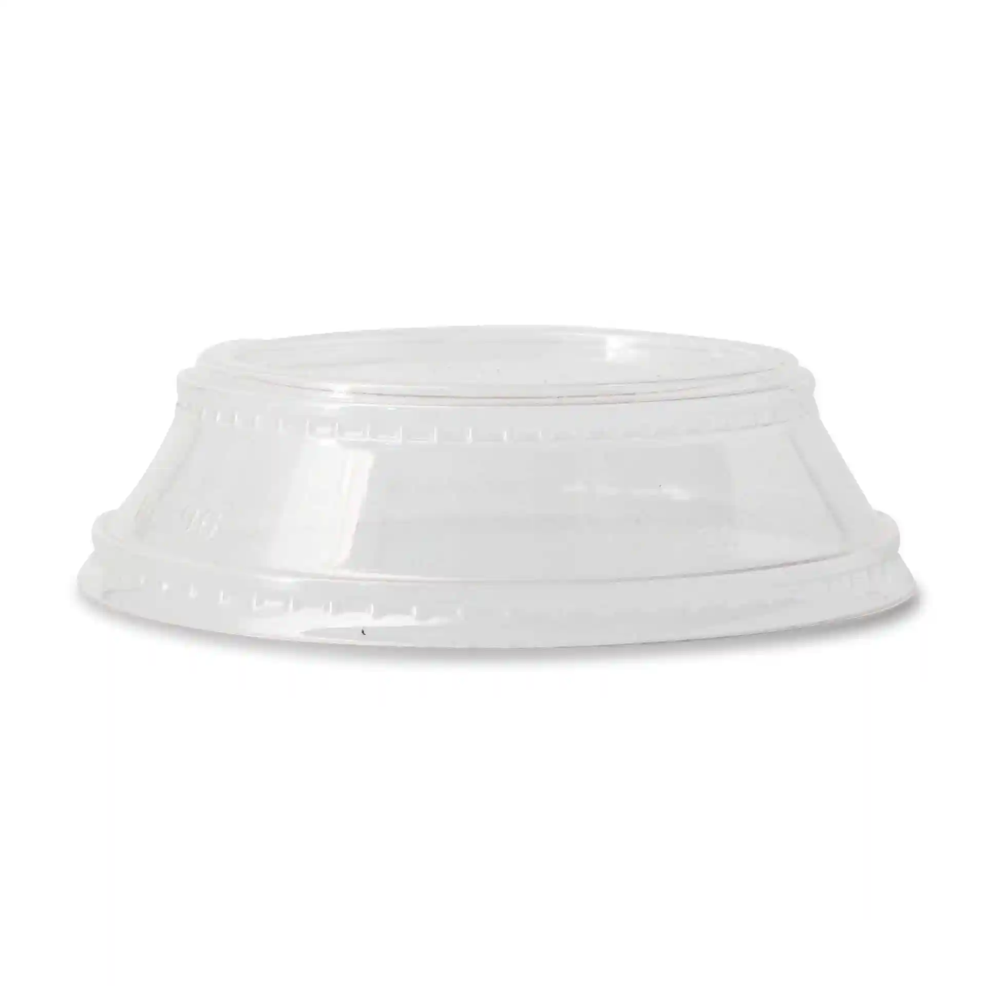 Couvercle en PLA transparent d'un diamètre de 96 mm et d'une hauteur de 28 mm, montré de côté.