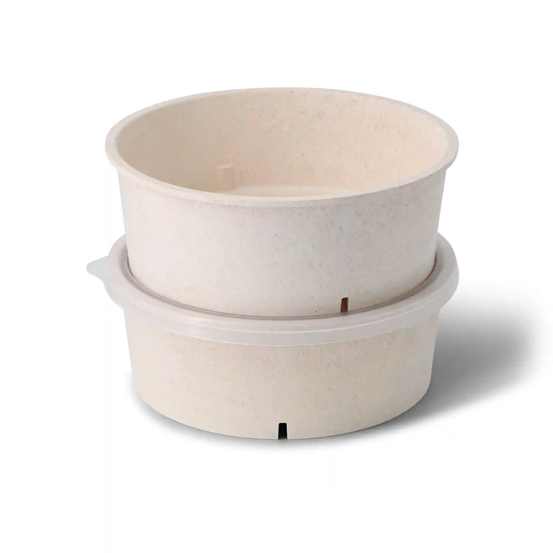 Bols ronds réutilisables en blanc crème, en matériau bio, d'une capacité de 1000 ml, empilés ensemble.