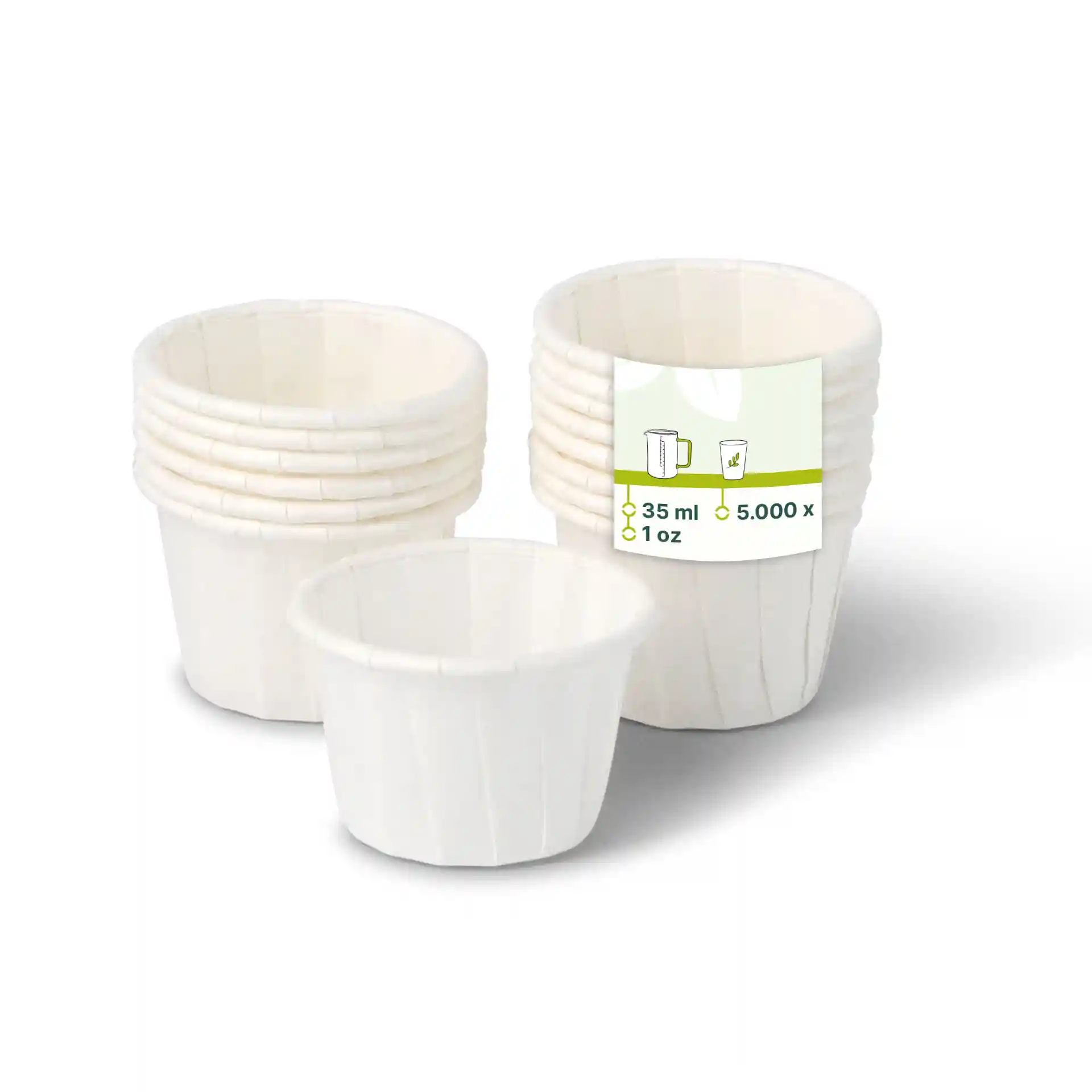 Gobelets en papier blancs empilés, un devant, chacun contenant 35 ml, avec une étiquette montrant les détails du produit.
