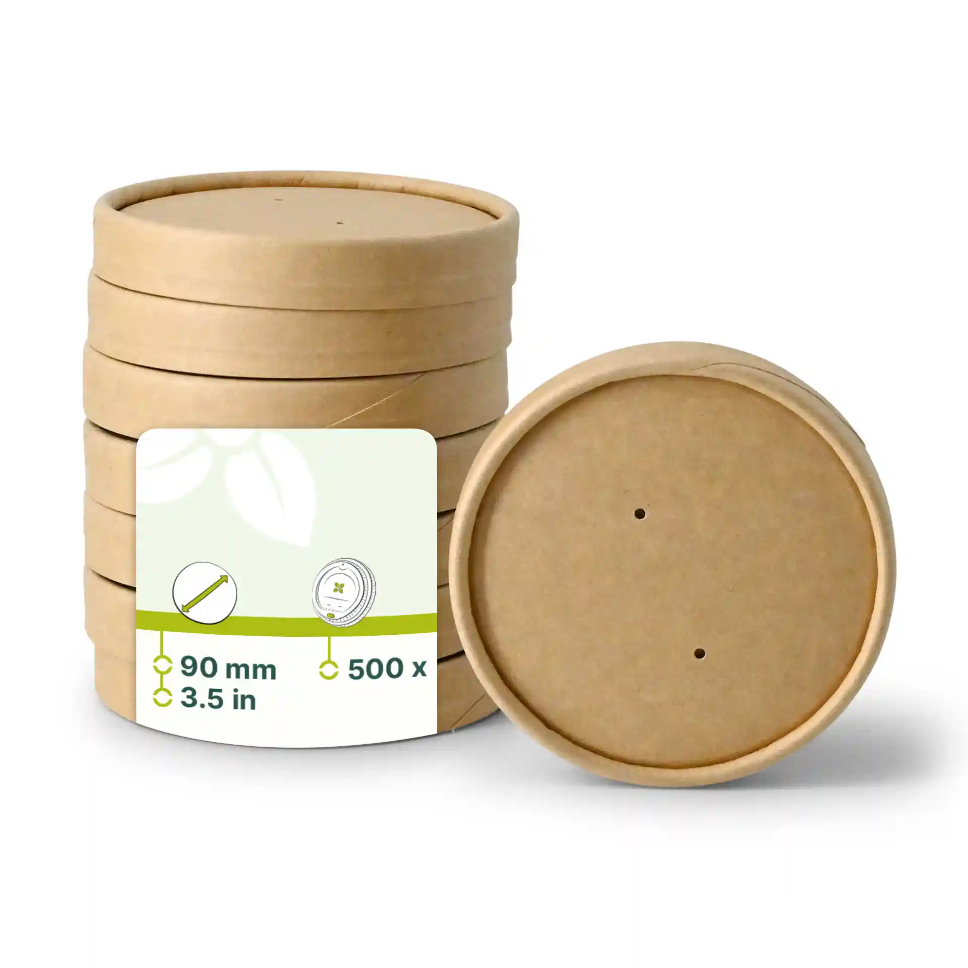 Couvercles en membrane en carton brun, forme ronde, diamètre de 90 mm, empilés avec une étiquette montrant les détails du produit.