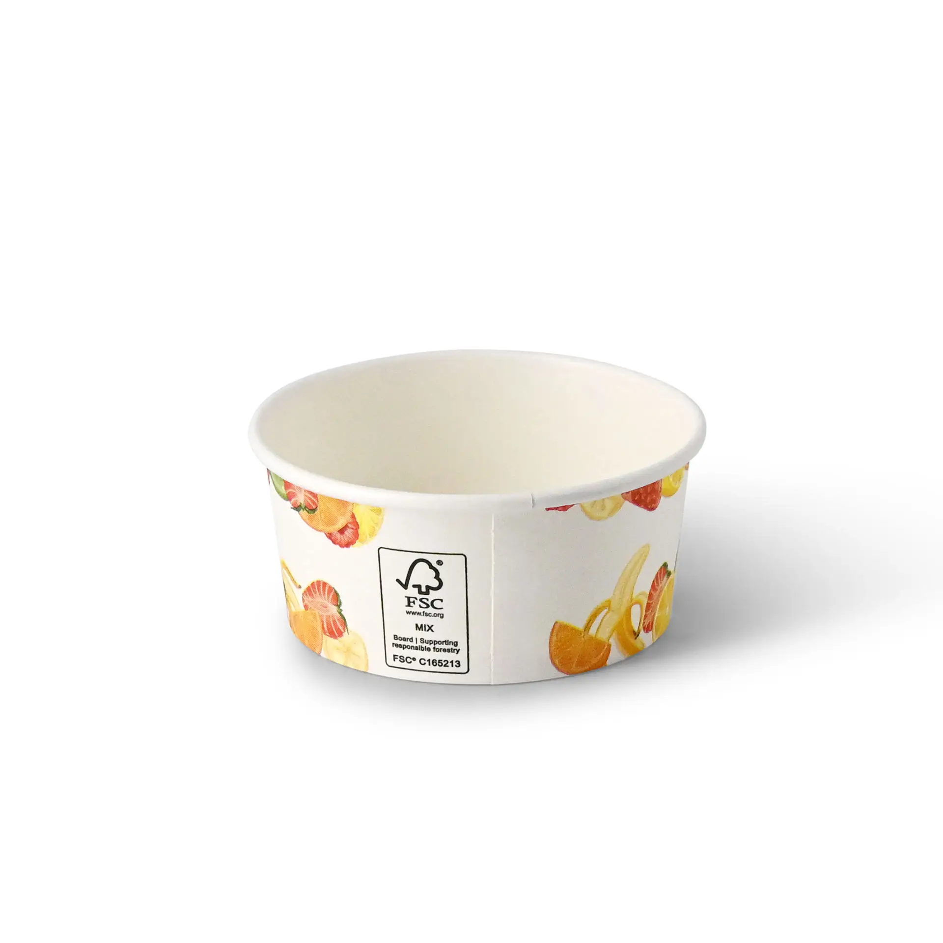 Gobelet en papier rond avec design de fruits imprimé, capacité de 4 oz, en carton, diamètre 92 mm, hauteur 42 mm.