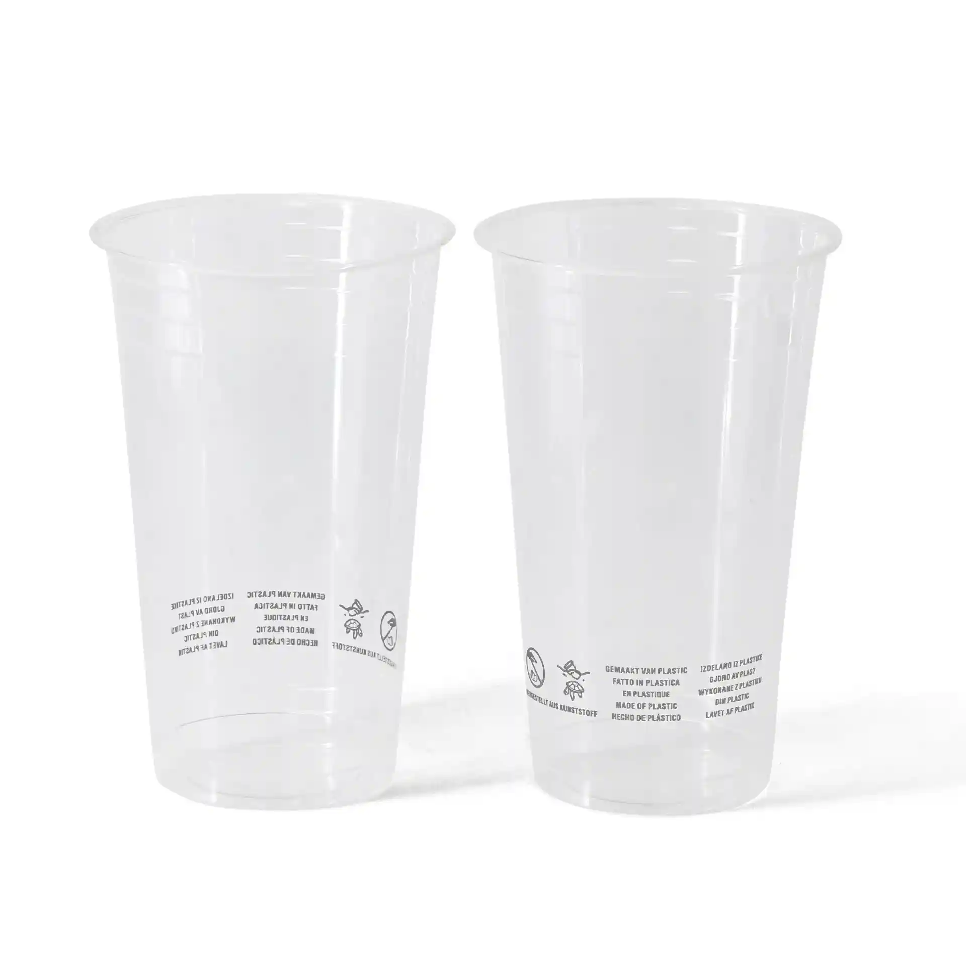 Gobelets en plastique PLA transparent, capacité de 500 ml, avec des marquages visibles sur le côté, deux gobelets montrés.