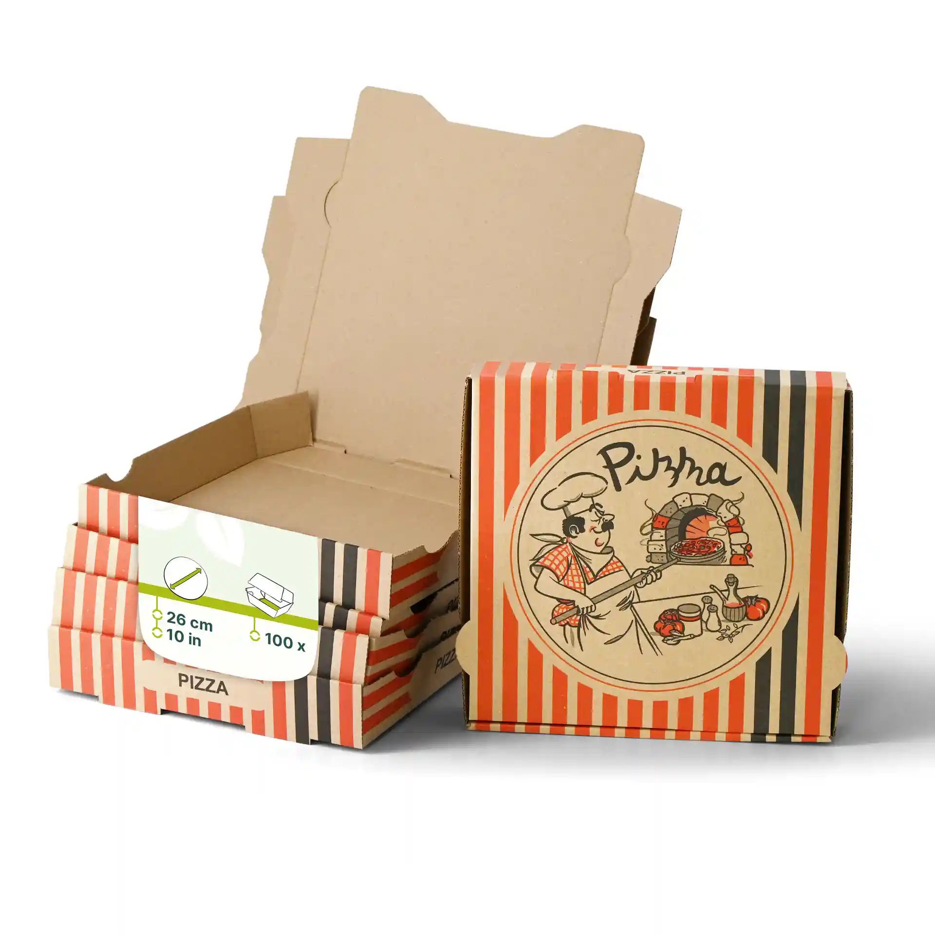 Boîte à pizza marron avec un design de chef pizzaiolo, mesurant 26 x 26 x 4 cm, avec plusieurs boîtes empilées derrière.