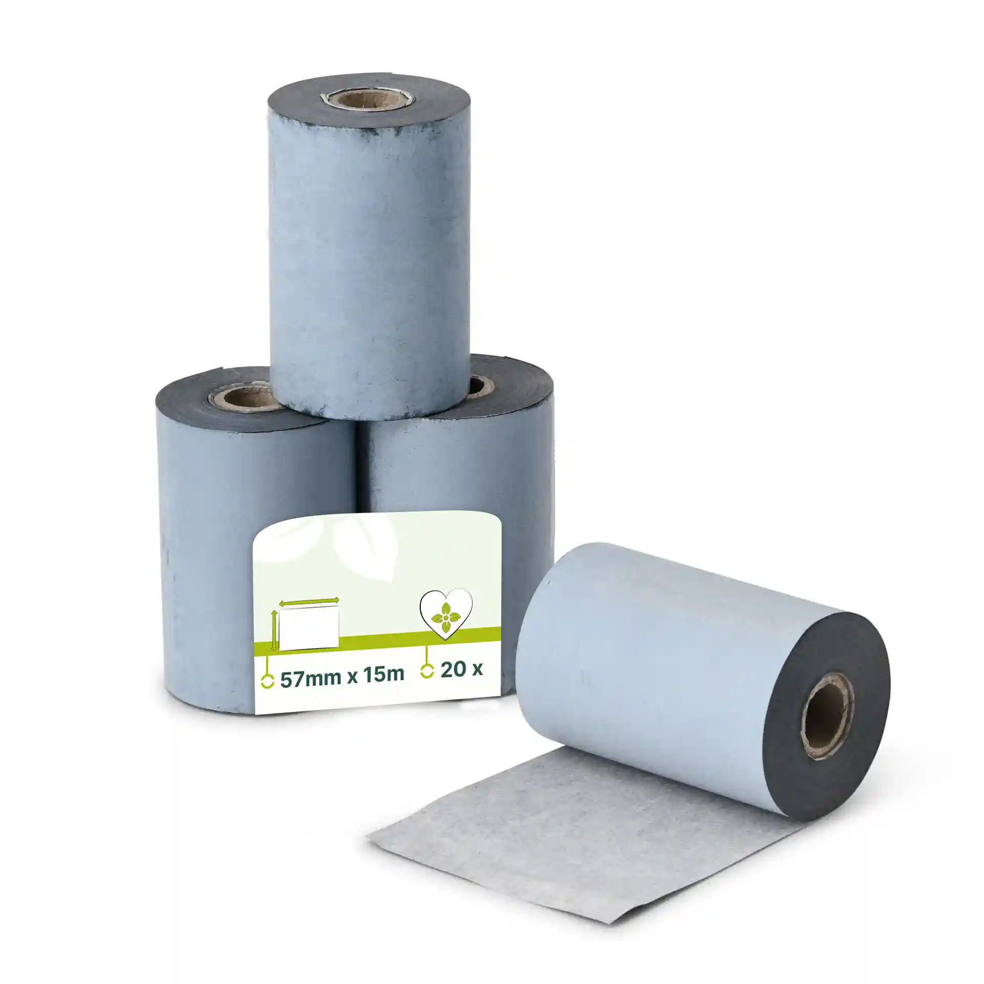 Trois rouleaux de papier thermique gris, chacun de 57 mm de large et 15 m de long, avec un rouleau partiellement déballé.