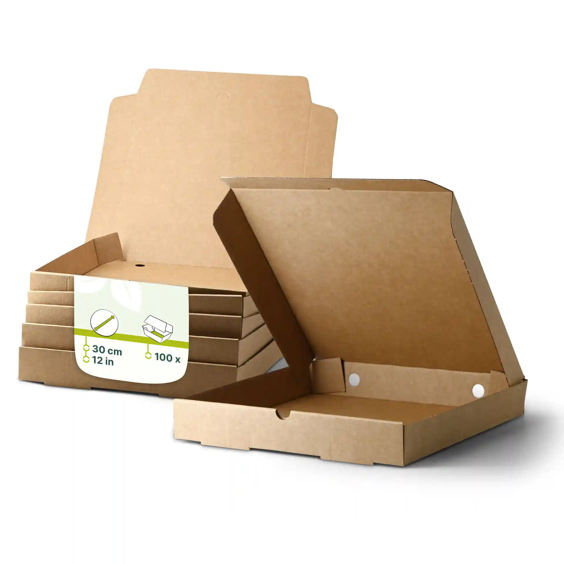 Boîtes à pizza en carton brun empilées, l'une ouverte, montrant une forme carrée et des dimensions de 30 cm.