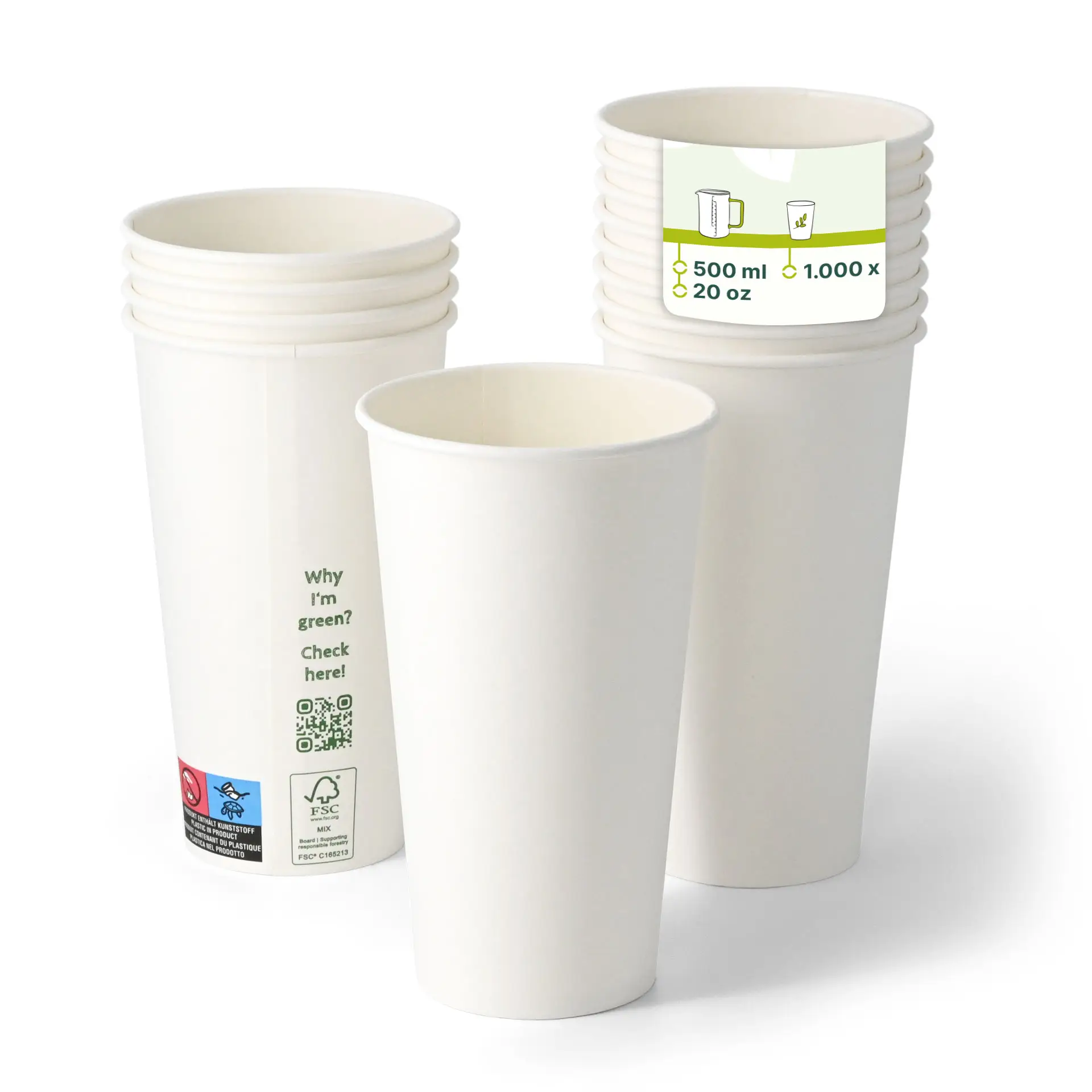 Gobelet en papier blanc simple paroi avec revêtement PLA, adapté aux boissons chaudes et froides, avec une pile de plusieurs gobelets montrée.