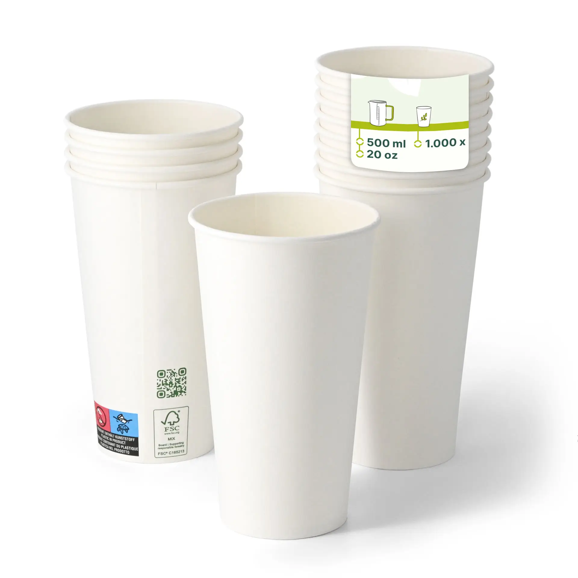 Gobelet en papier blanc simple paroi avec revêtement PLA, adapté aux boissons chaudes et froides, avec une pile de plusieurs gobelets montrée.