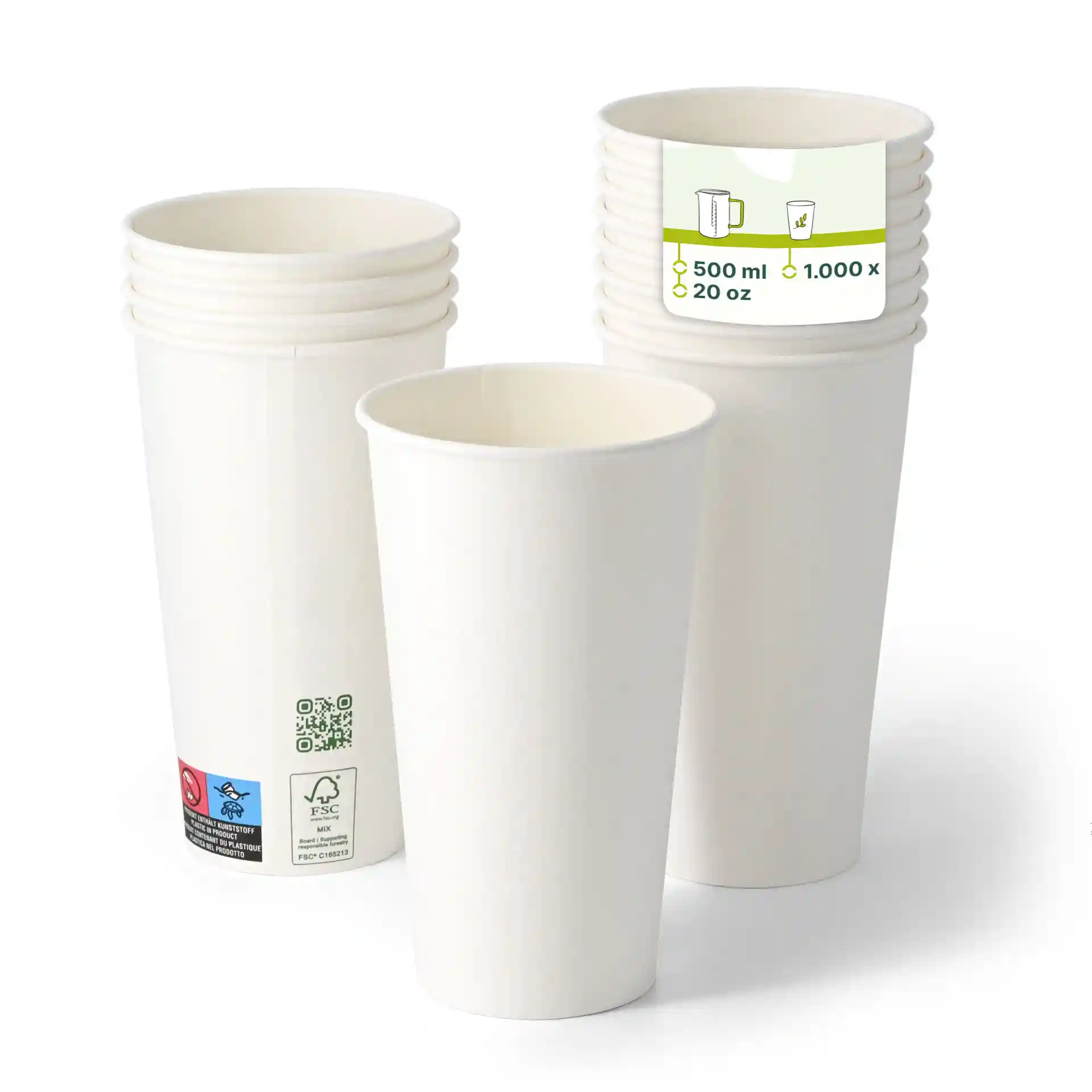 Gobelets en papier blancs empilés, simple paroi, capacité de 500 ml, diamètre de 90 mm et hauteur de 150 mm.