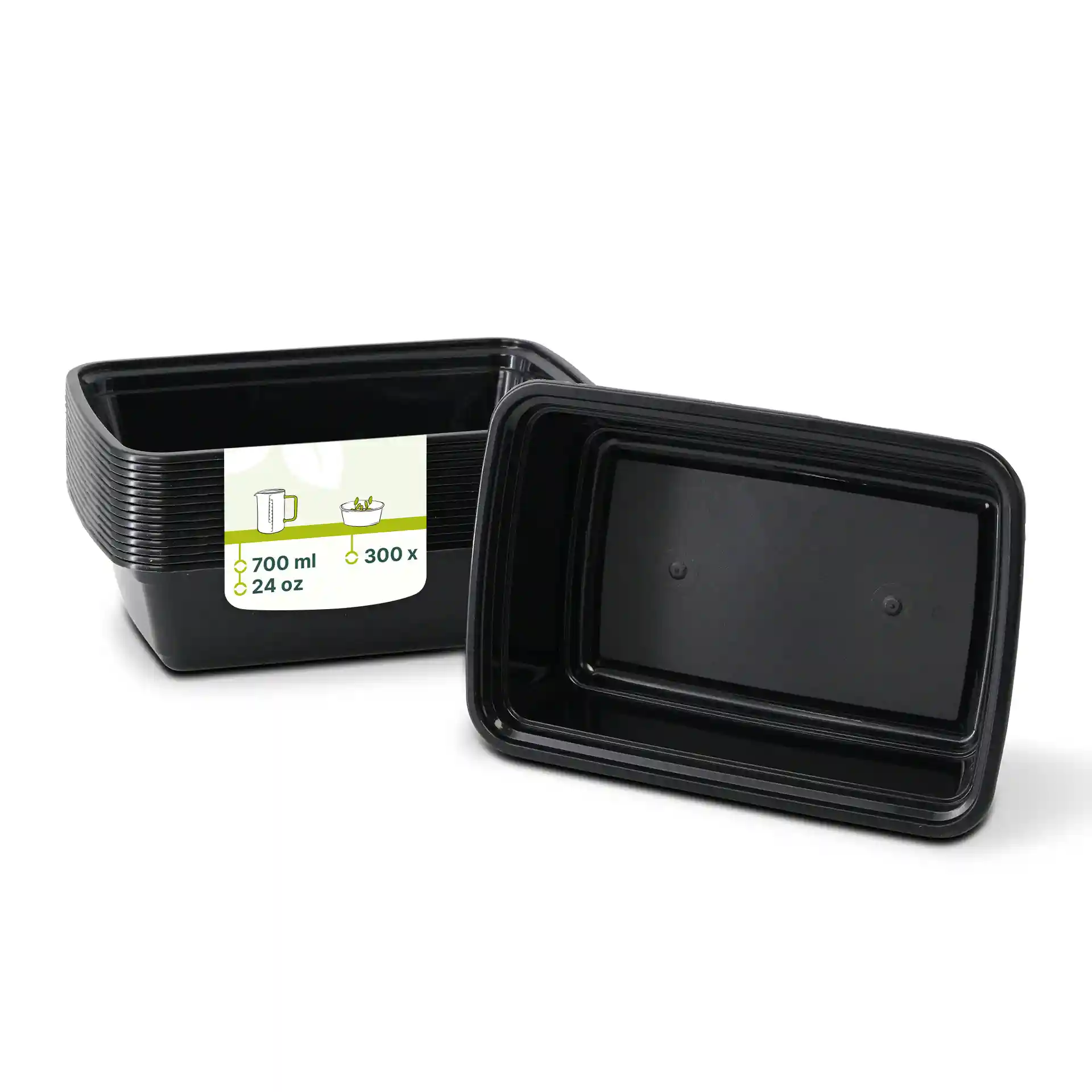 Conteneur rectangulaire réutilisable noir d'une capacité de 700 ml, présenté avec une étiquette et un autre conteneur à côté.