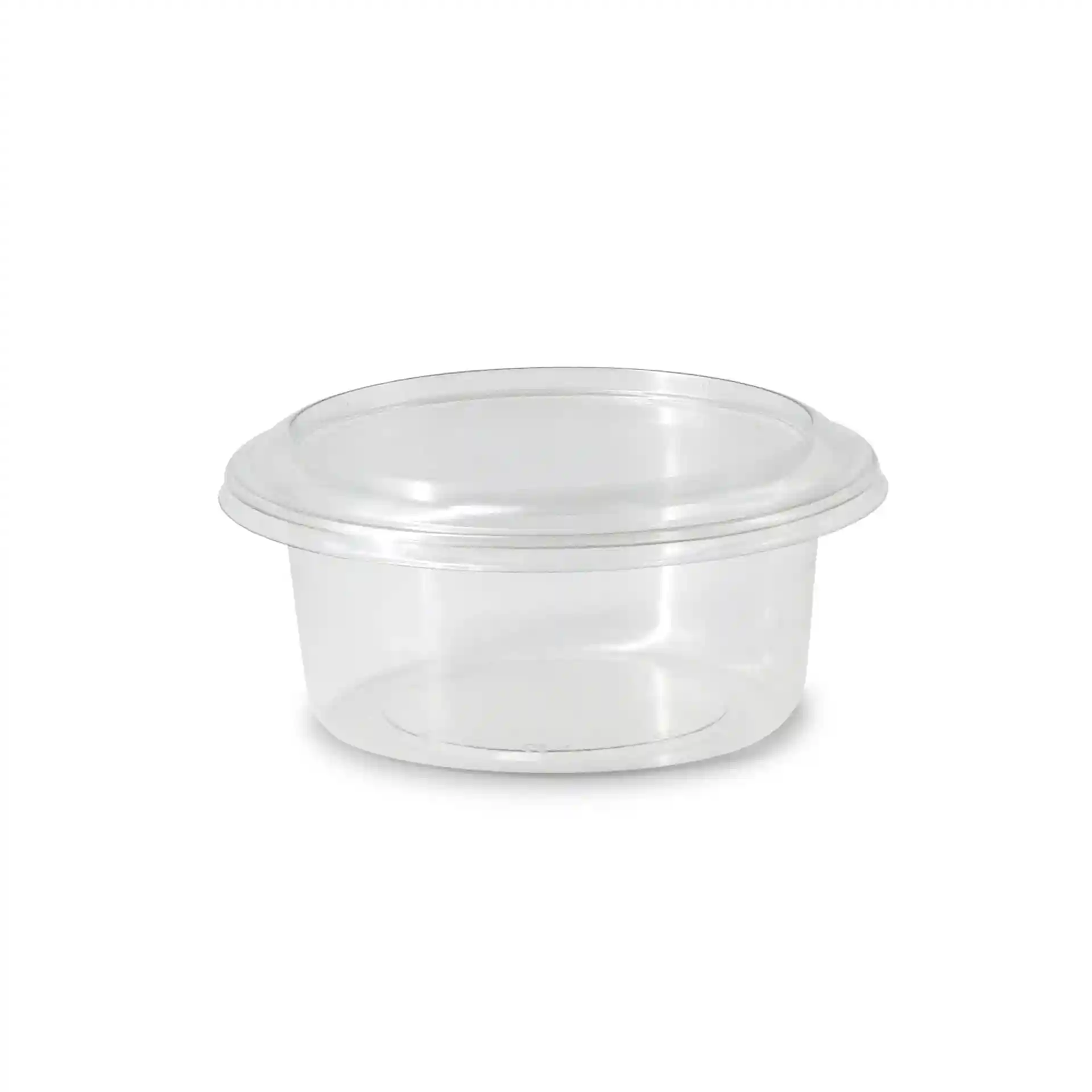 Pot de deli rond transparent d'un diamètre de 123 mm et d'une hauteur de 60 mm, fabriqué en matériau rPET.