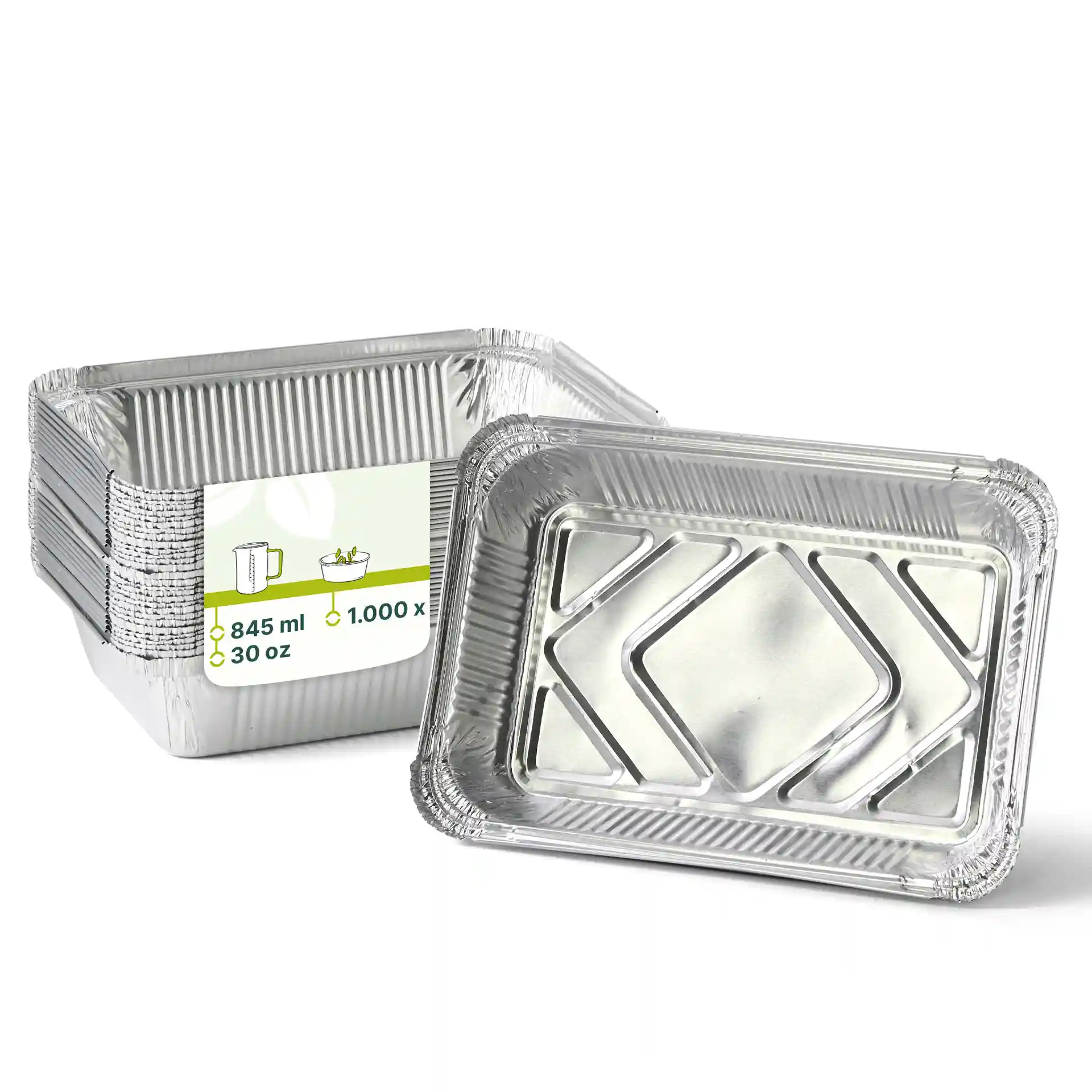 Contenants en aluminium rectangulaires empilés, mesurant 21,4 x 14,9 x 4,3 cm, avec un volume de remplissage de 845 ml.