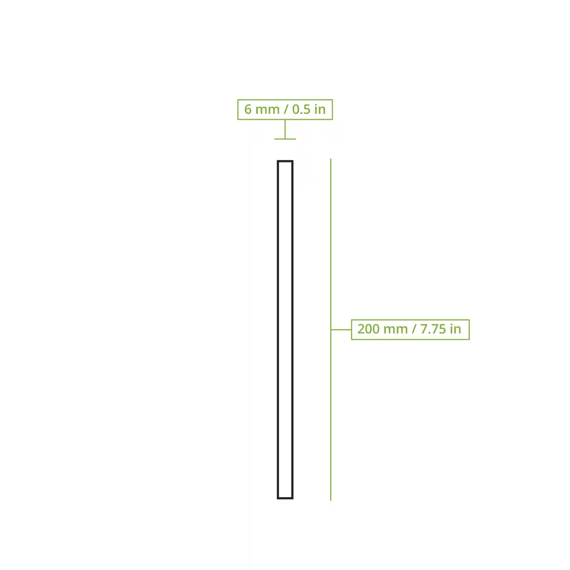 Dessin schématique d'une paille avec dimensions étiquetées : 200 mm de longueur et 6 mm de largeur.