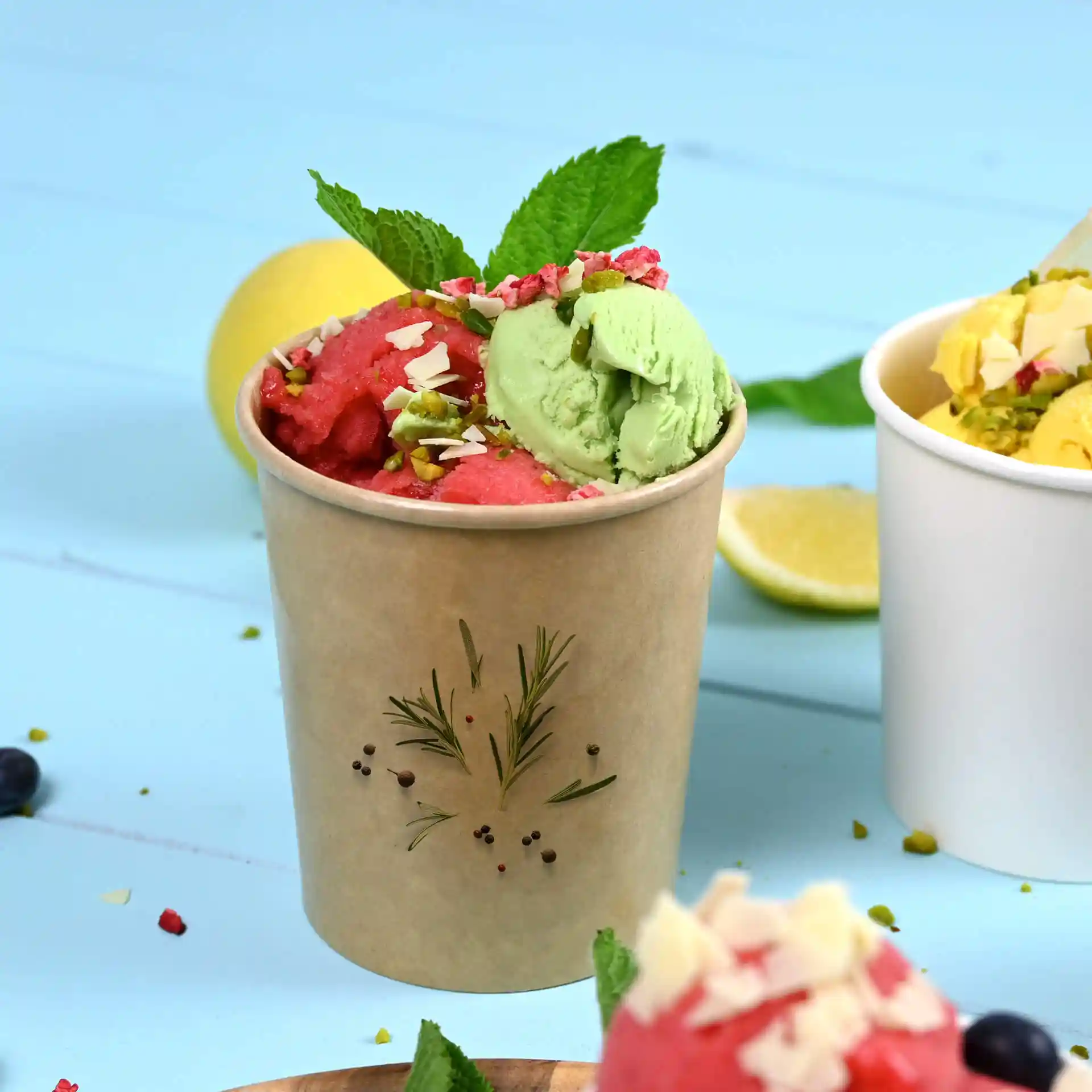 Gobelet en carton marron rempli de glace verte et rose, garni de feuilles de menthe et de noix.