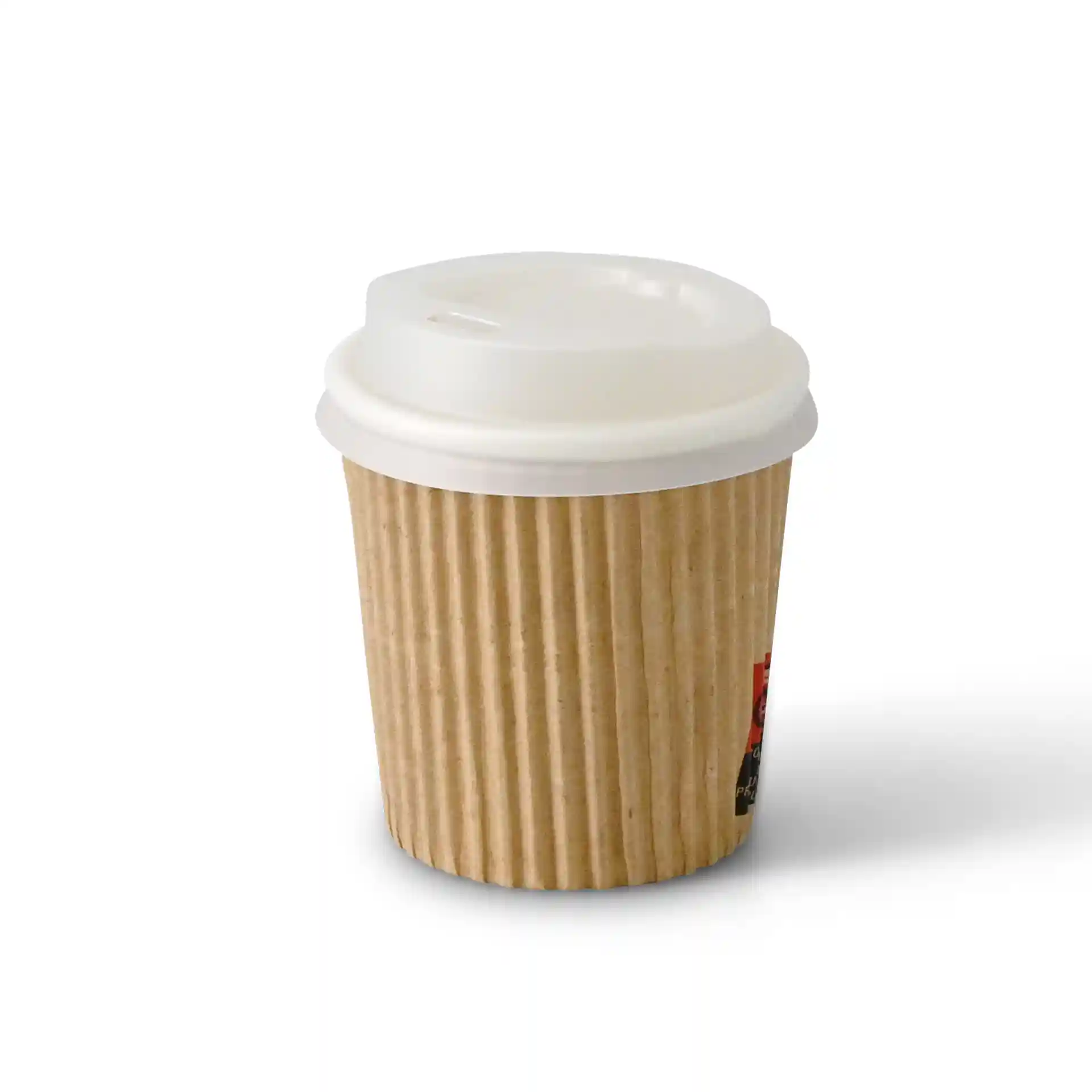 Gobelet en plastique brun à rainures avec couvercle blanc, capacité de 4 oz, diamètre de 62 mm et hauteur de 63 mm.
