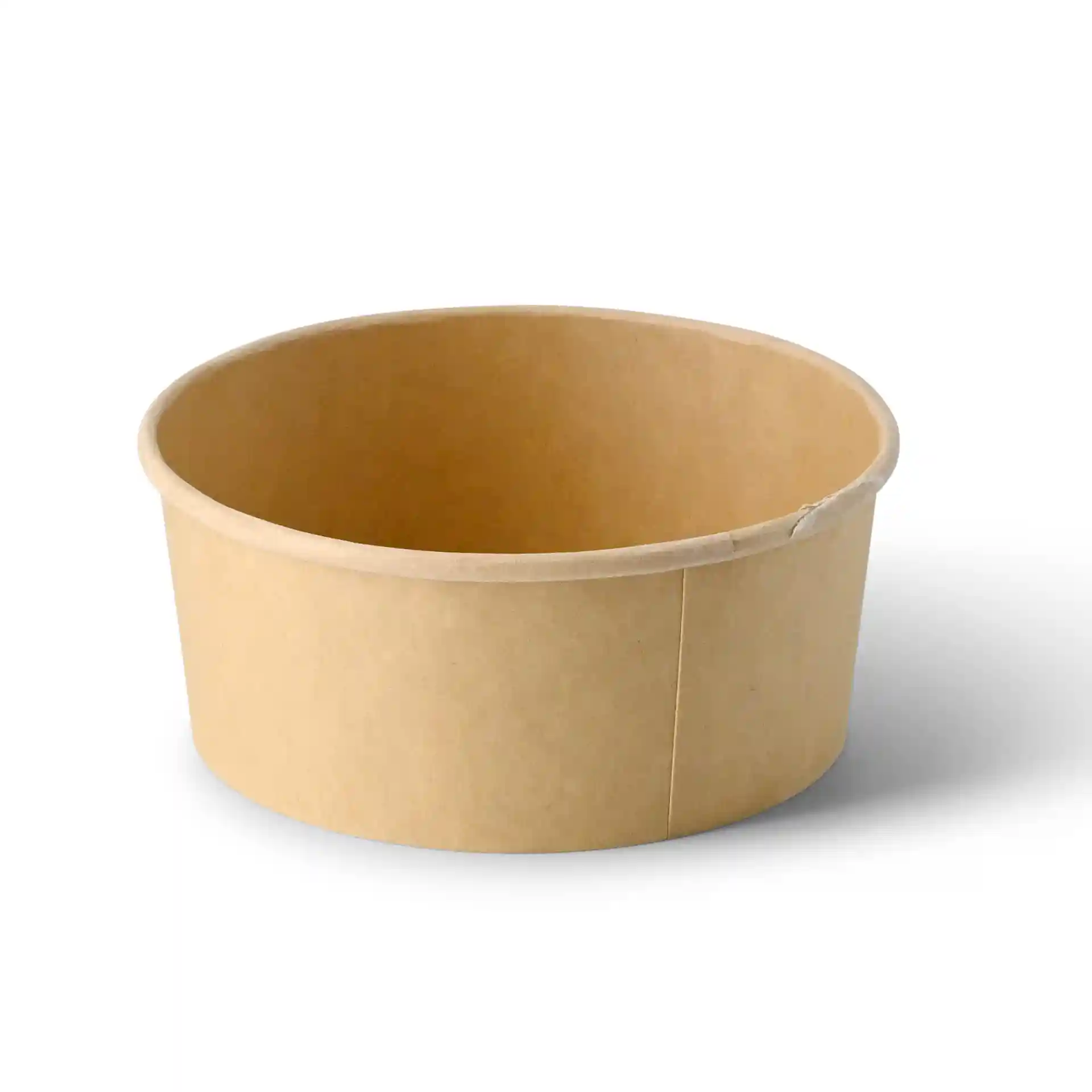Bol en carton brun de forme ronde, mesurant 150 mm de diamètre et 63 mm de hauteur.