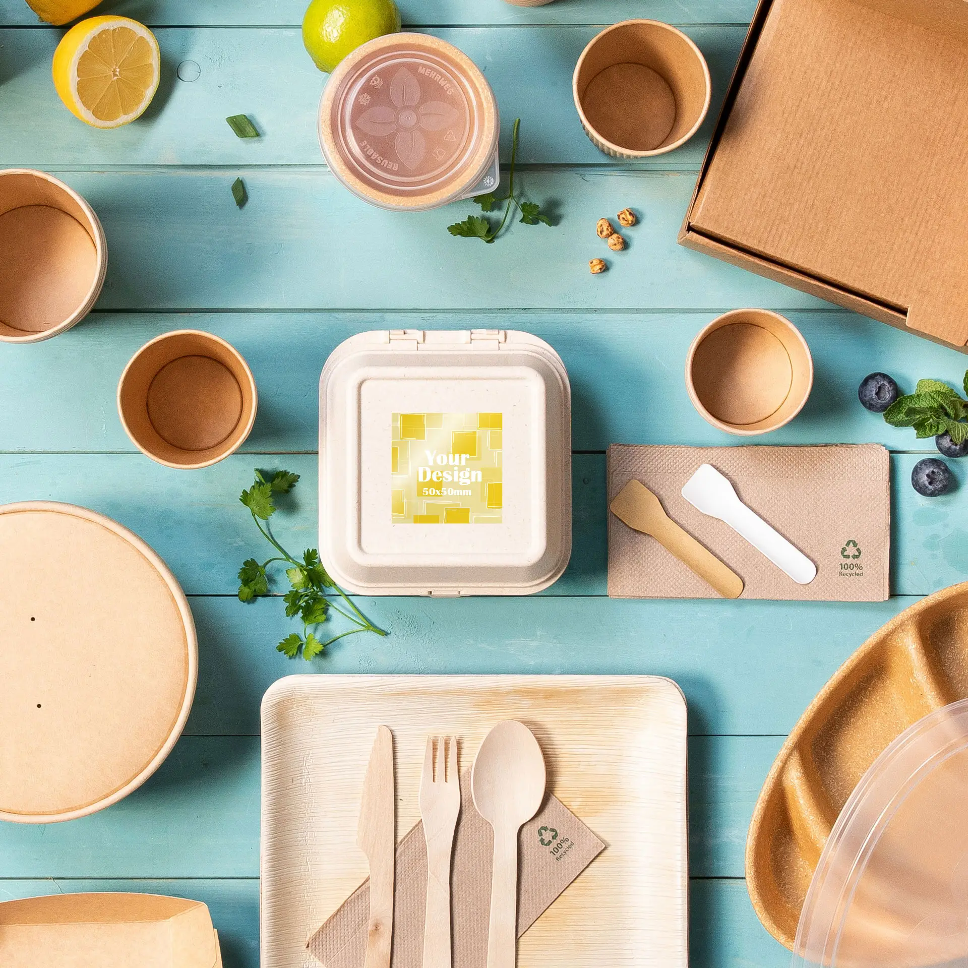 Un rouleau d'étiquettes carrées blanches brillantes sur un conteneur à emporter beige, entouré d'emballages jetables et d'ustensiles sur un fond bleu.