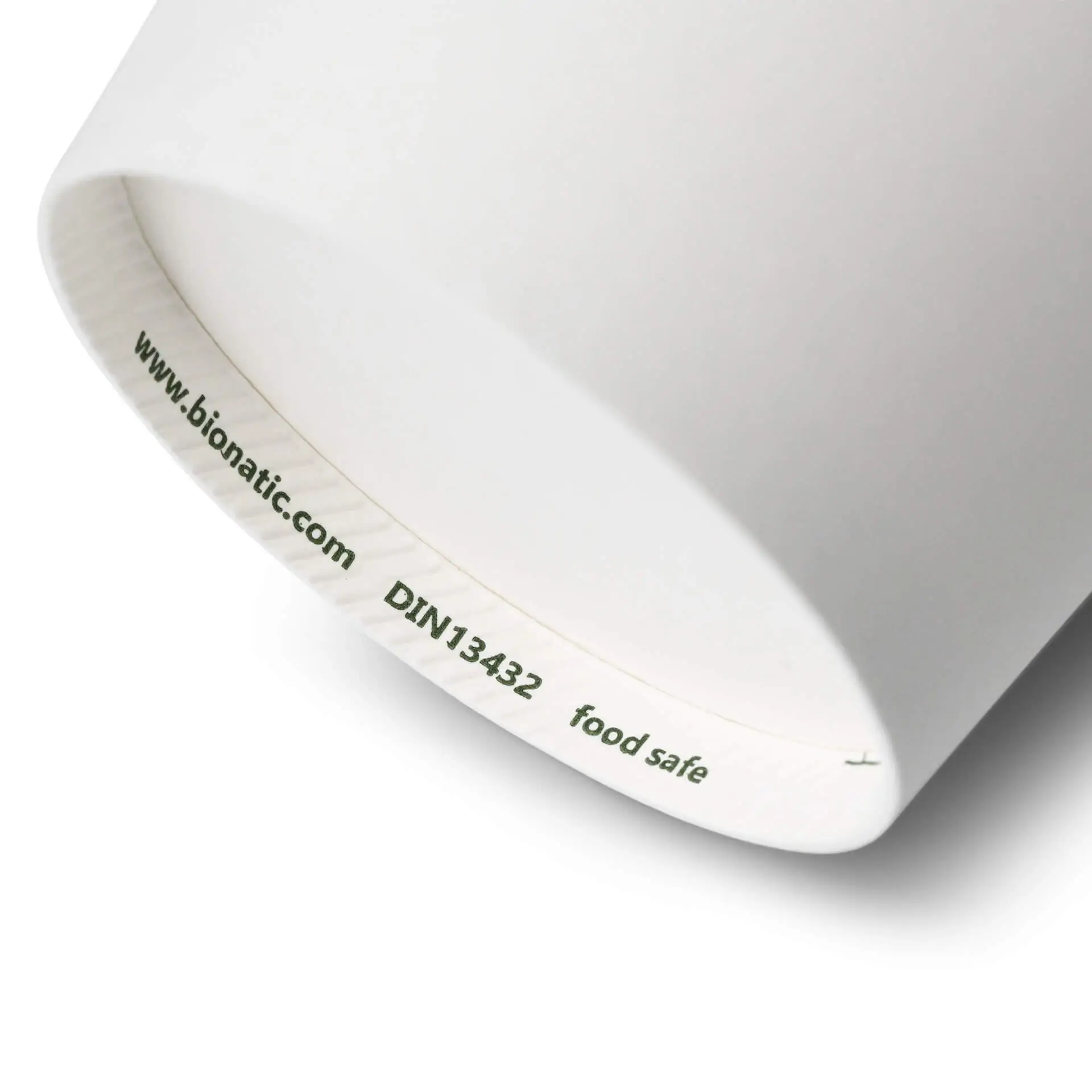 Gobelet en papier blanc de 12 oz avec un revêtement PE, montrant l'étiquette intérieure indiquant la sécurité alimentaire et les détails du site Web.