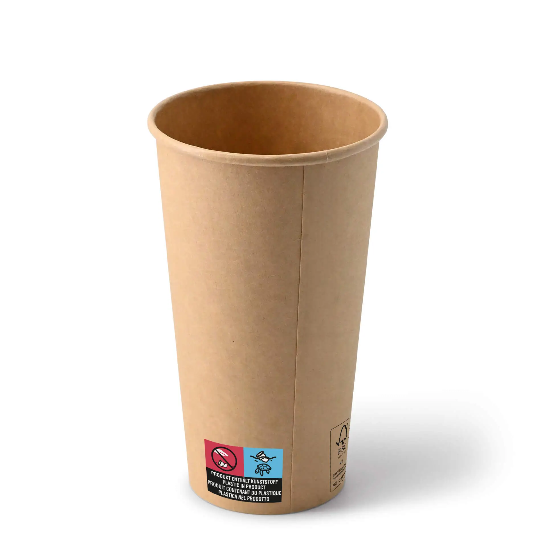 Gobelet en papier brun de 20 oz avec revêtement PE; comportant le logo Climate Safe et des symboles de recyclage. Idéal pour les boissons à emporter.