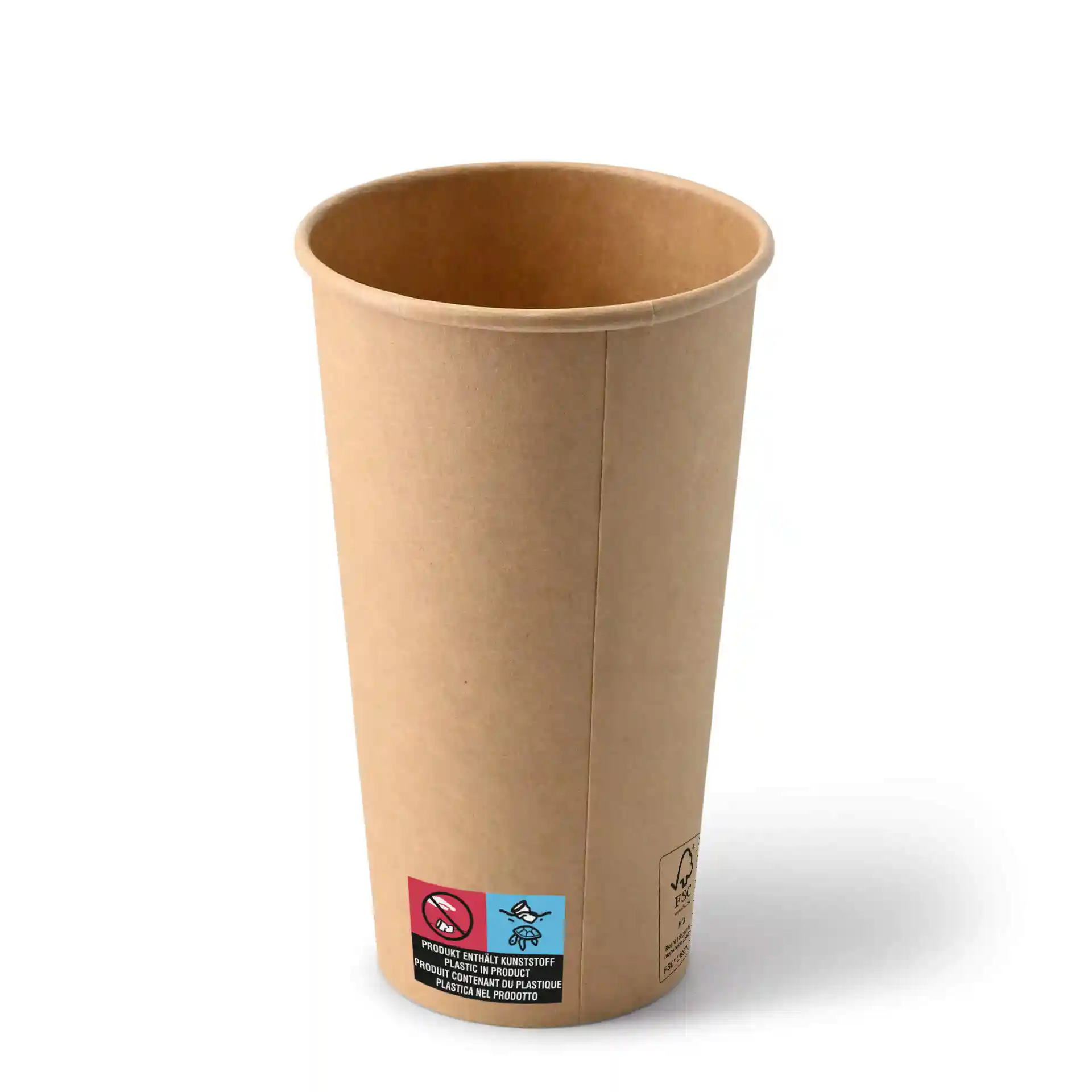 Gobelet en papier marron de 20 oz avec une forme ronde et une étiquette bleue comportant des symboles sur le côté.