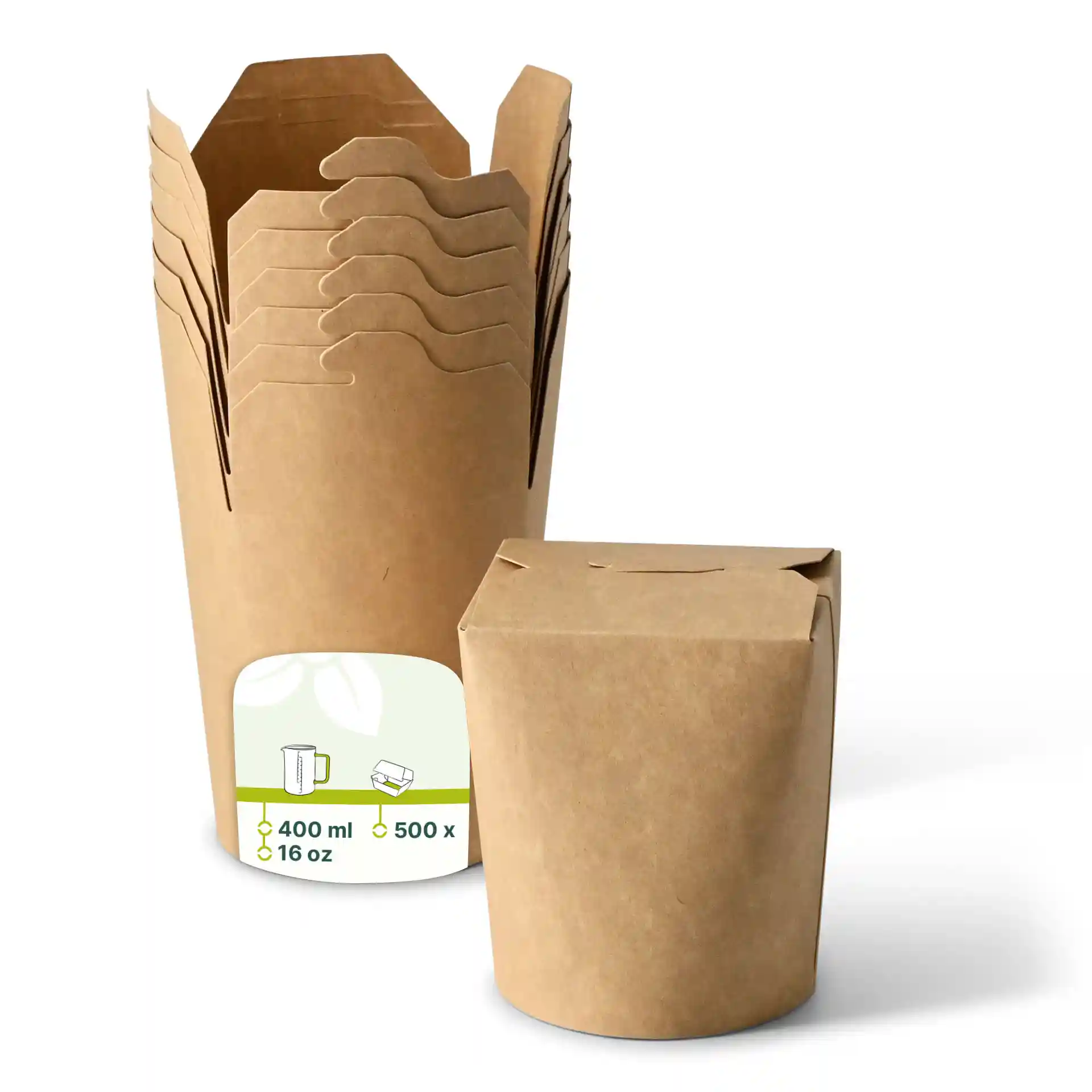 Boîtes à nouilles en carton brun de forme ronde, empilées, montrant un total de 500 boîtes.