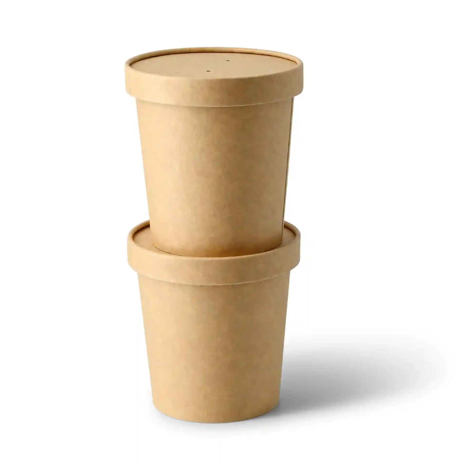 Conteneur à soupe à emporter en carton brun avec couvercle, empilé deux haut, forme ronde, capacité de 16 oz.