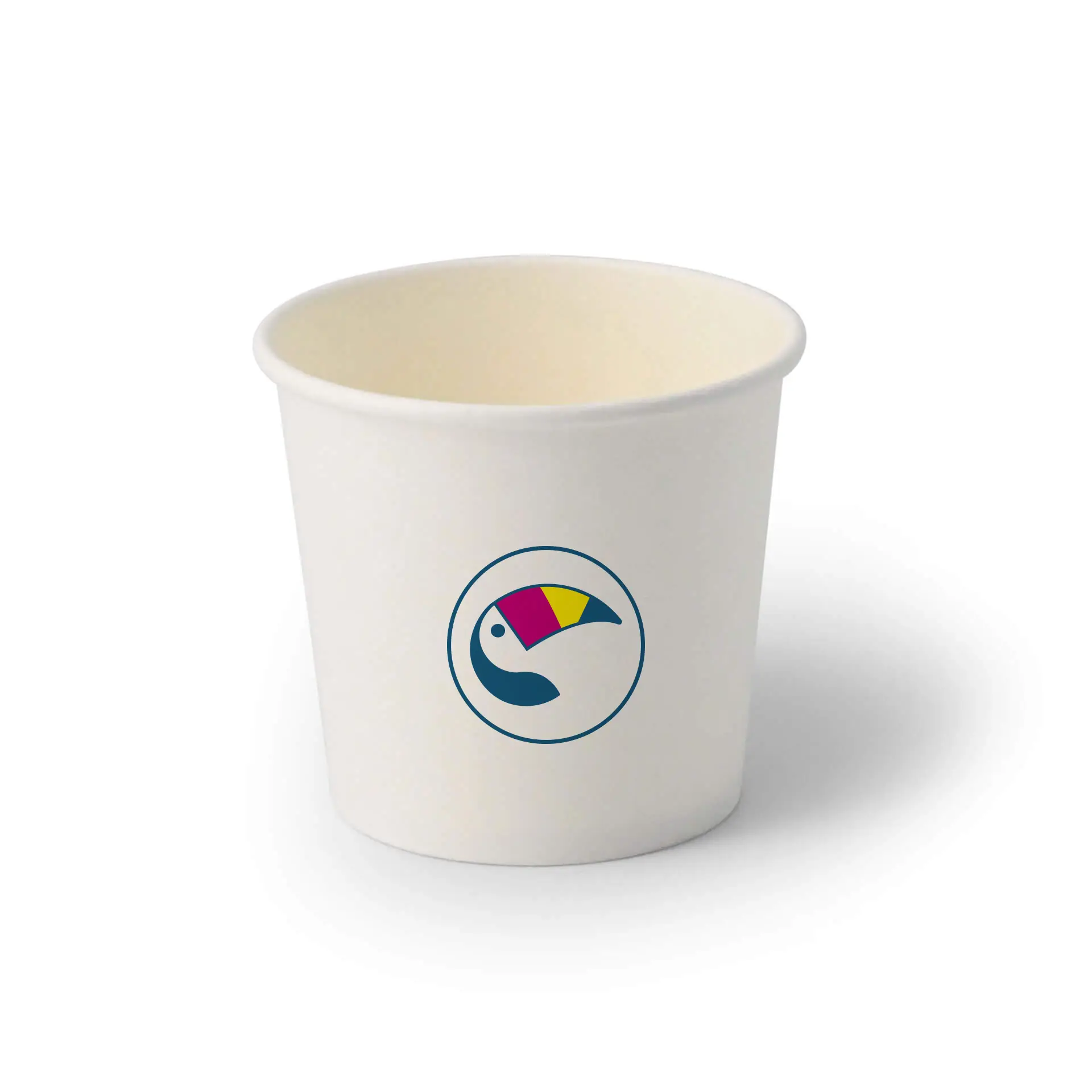 Gobelet à glace blanc avec un logo de toucan coloré, contenant 250 ml, conçu pour le branding et le service de glace.