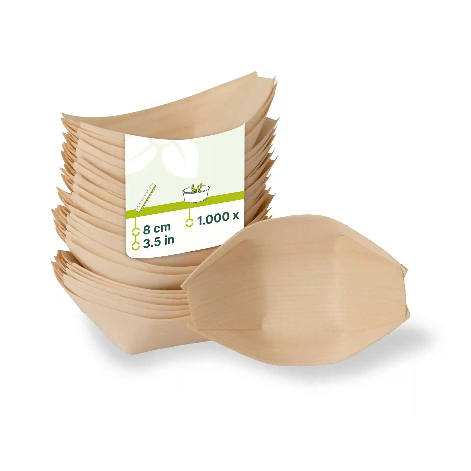 Empilement de conteneurs en bois en forme de bateau, mesurant chacun 8 cm de long, avec une étiquette indiquant dimensions et quantité.