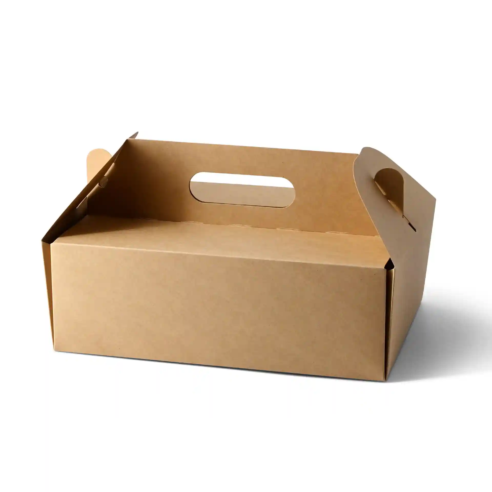 Boîte en carton rectangulaire brune avec une poignée, mesurant 26 x 17 x 9 cm, vue en angle.